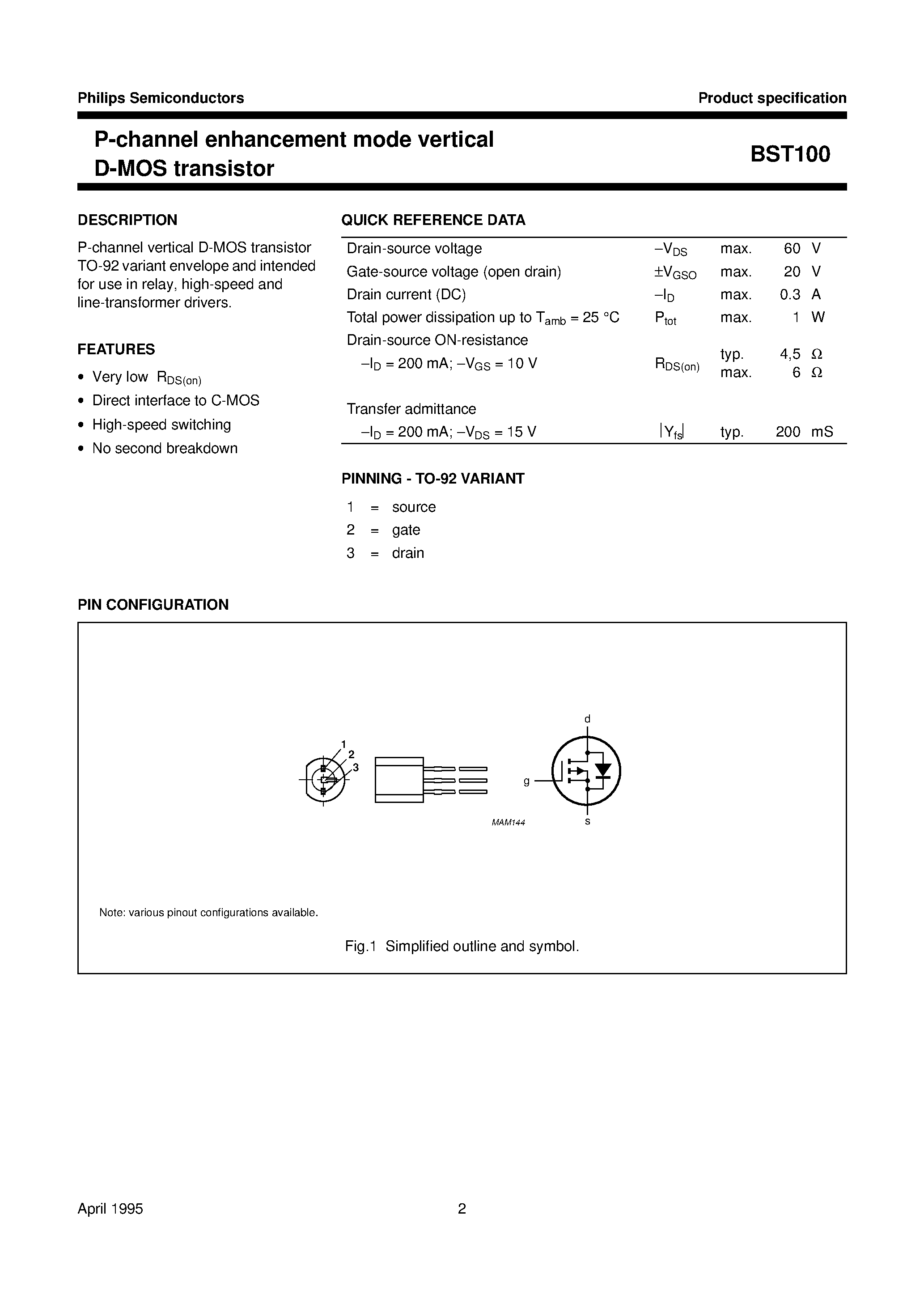 Datasheet BST100 - P-channel enhancement mode vertical D-MOS transistor page 2