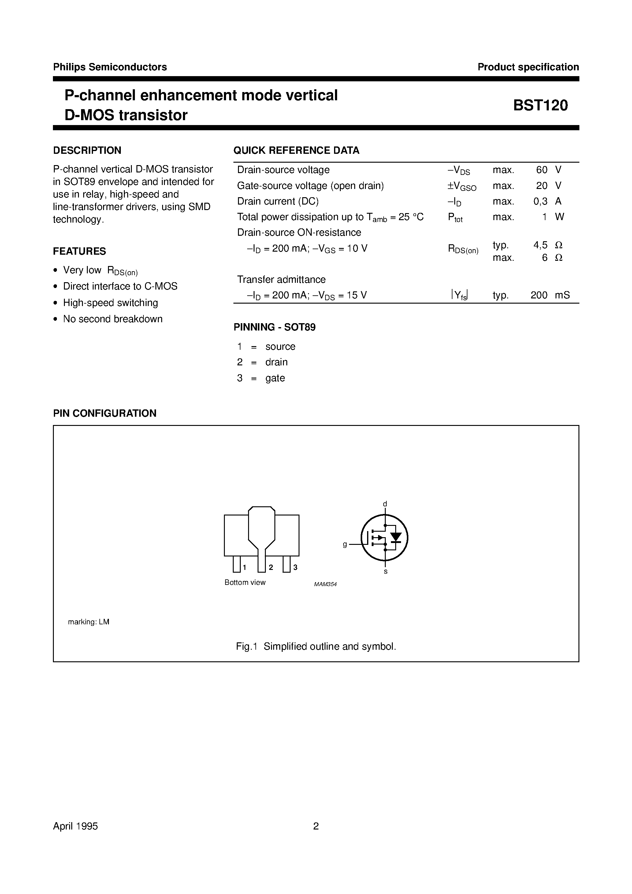 Datasheet BST120 - P-channel enhancement mode vertical D-MOS transistor page 2