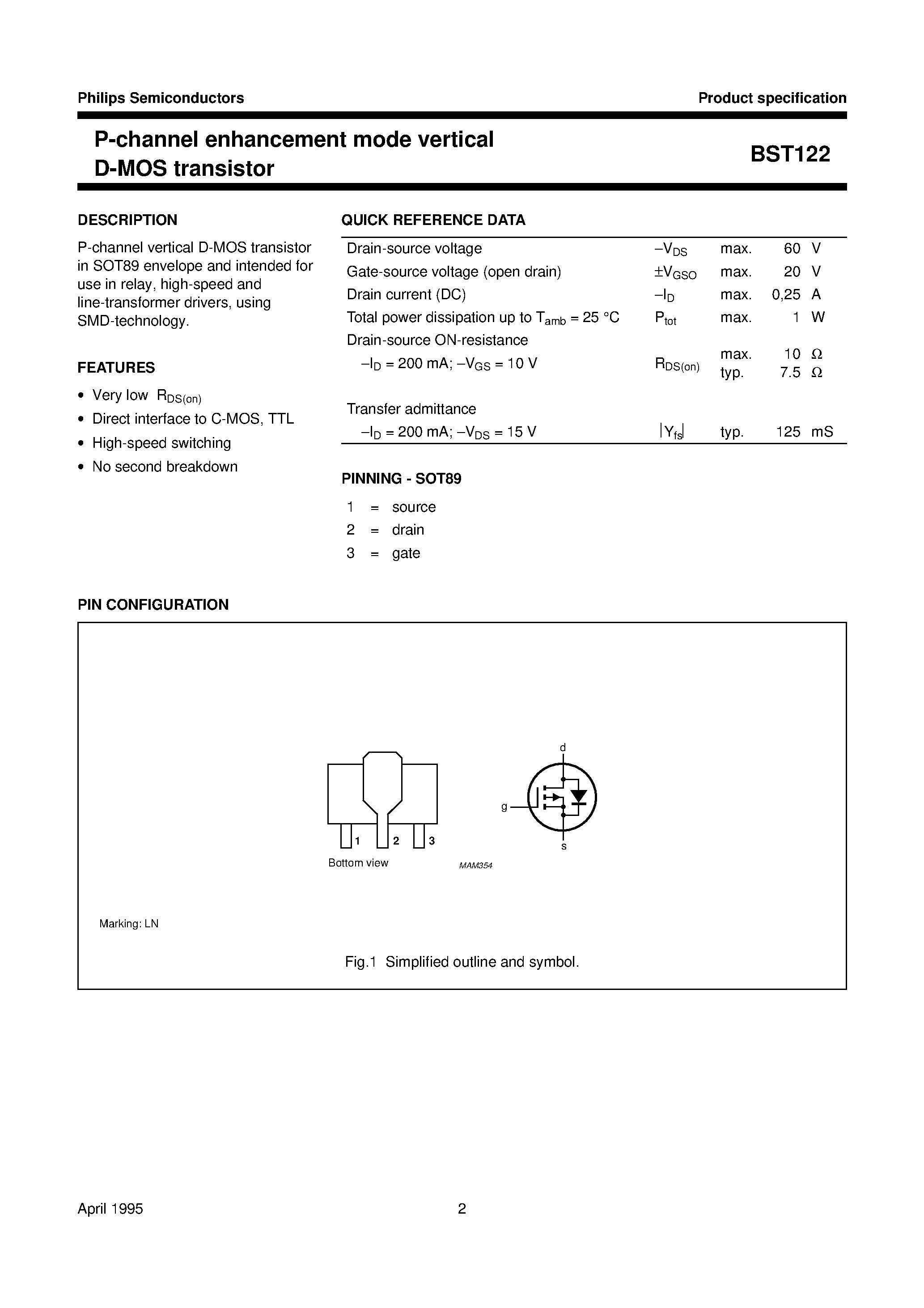 Даташит на микросхему BST122 страница 2 Даташит BST122 - P-channel enhancement mode vertical D-MOS transistor страница 2