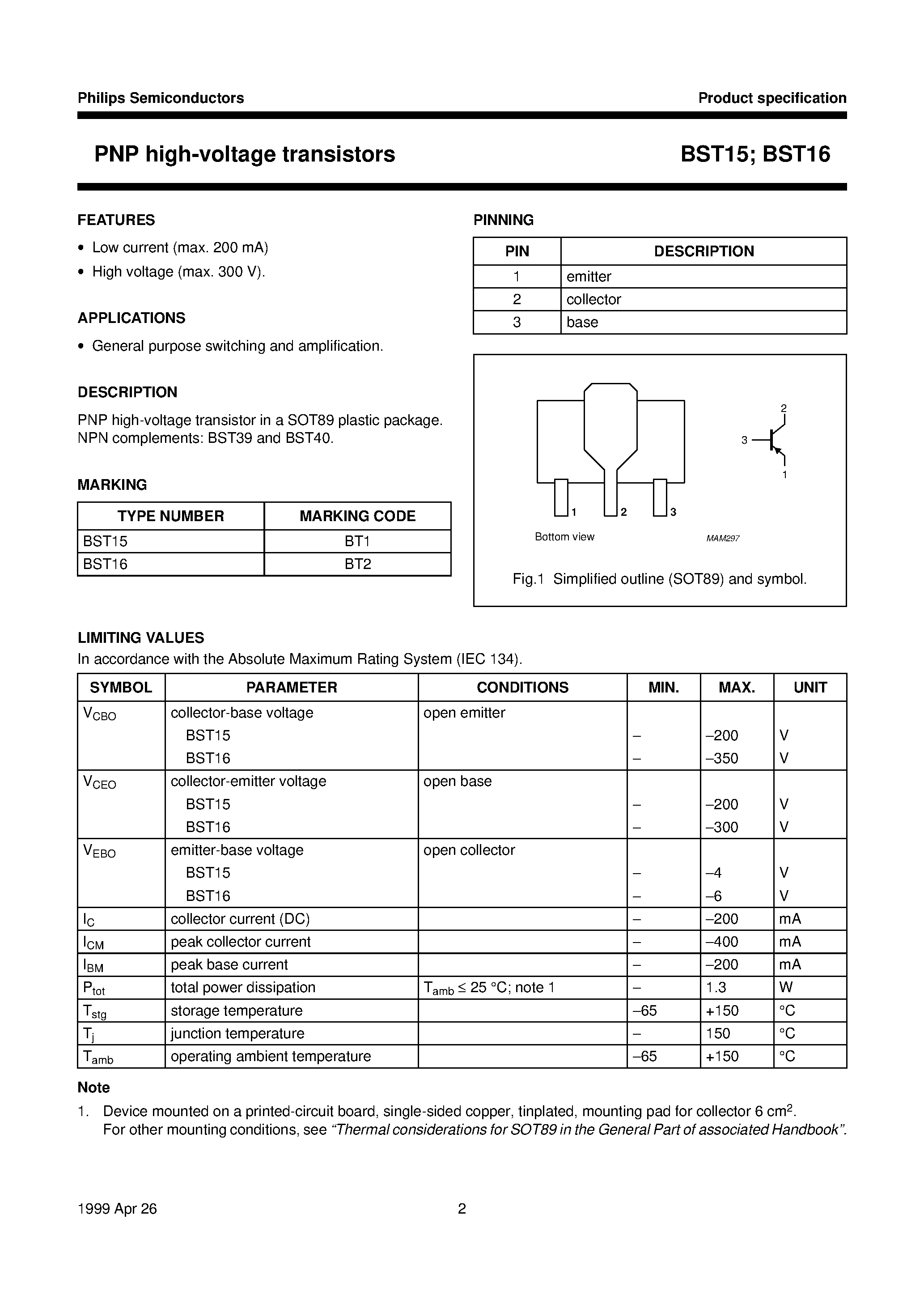 Даташит BST16 - PNP high-voltage transistors страница 2