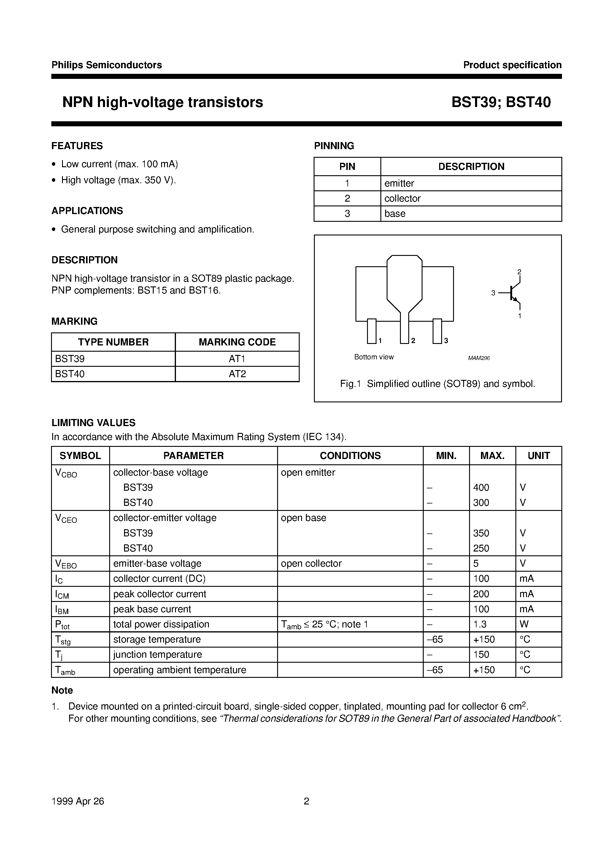 Даташит BST39 - NPN high-voltage transistors страница 2