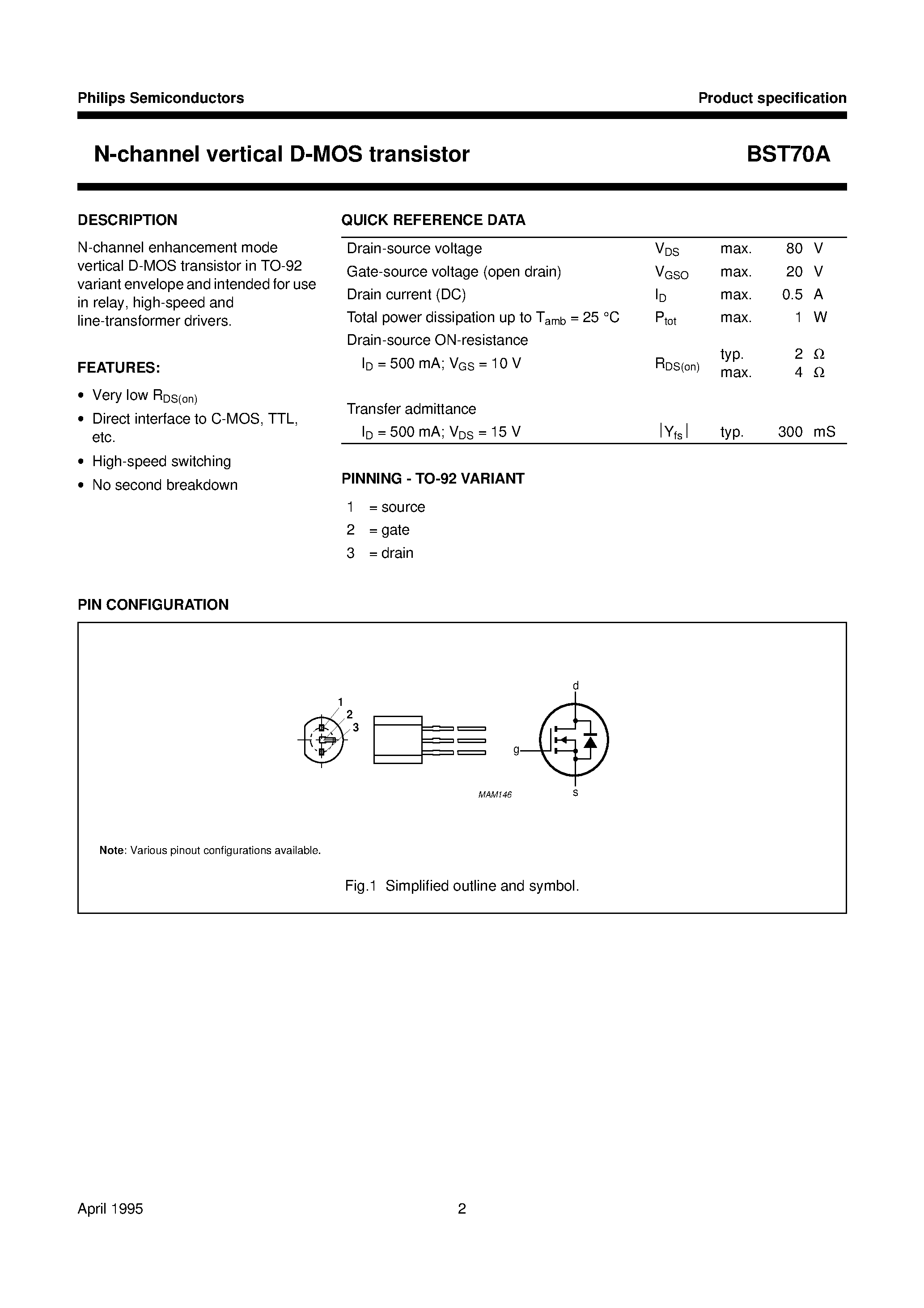 Даташит BST70 - N-channel vertical D-MOS transistor страница 2