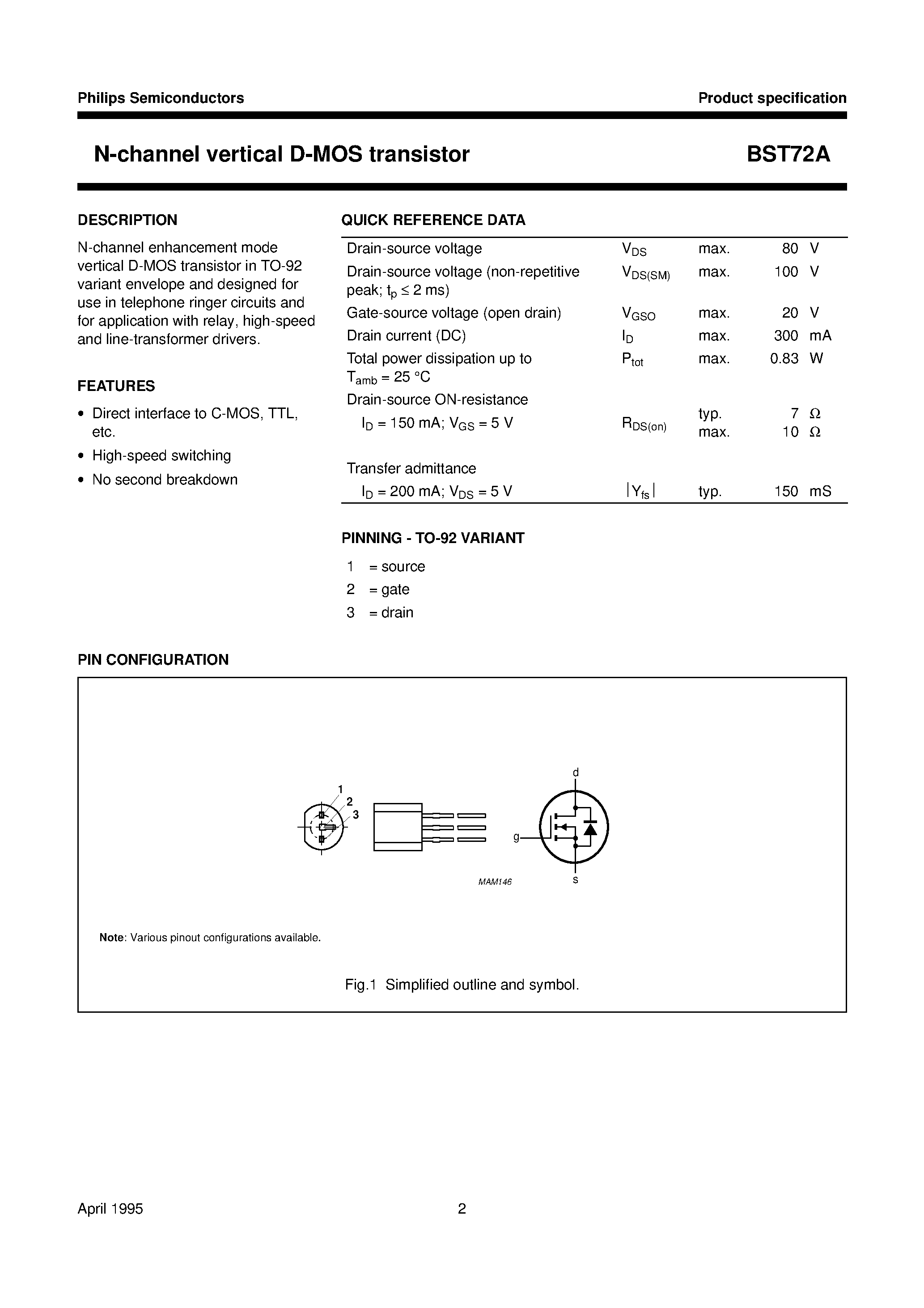 Даташит BST72A - N-channel vertical D-MOS transistor страница 2