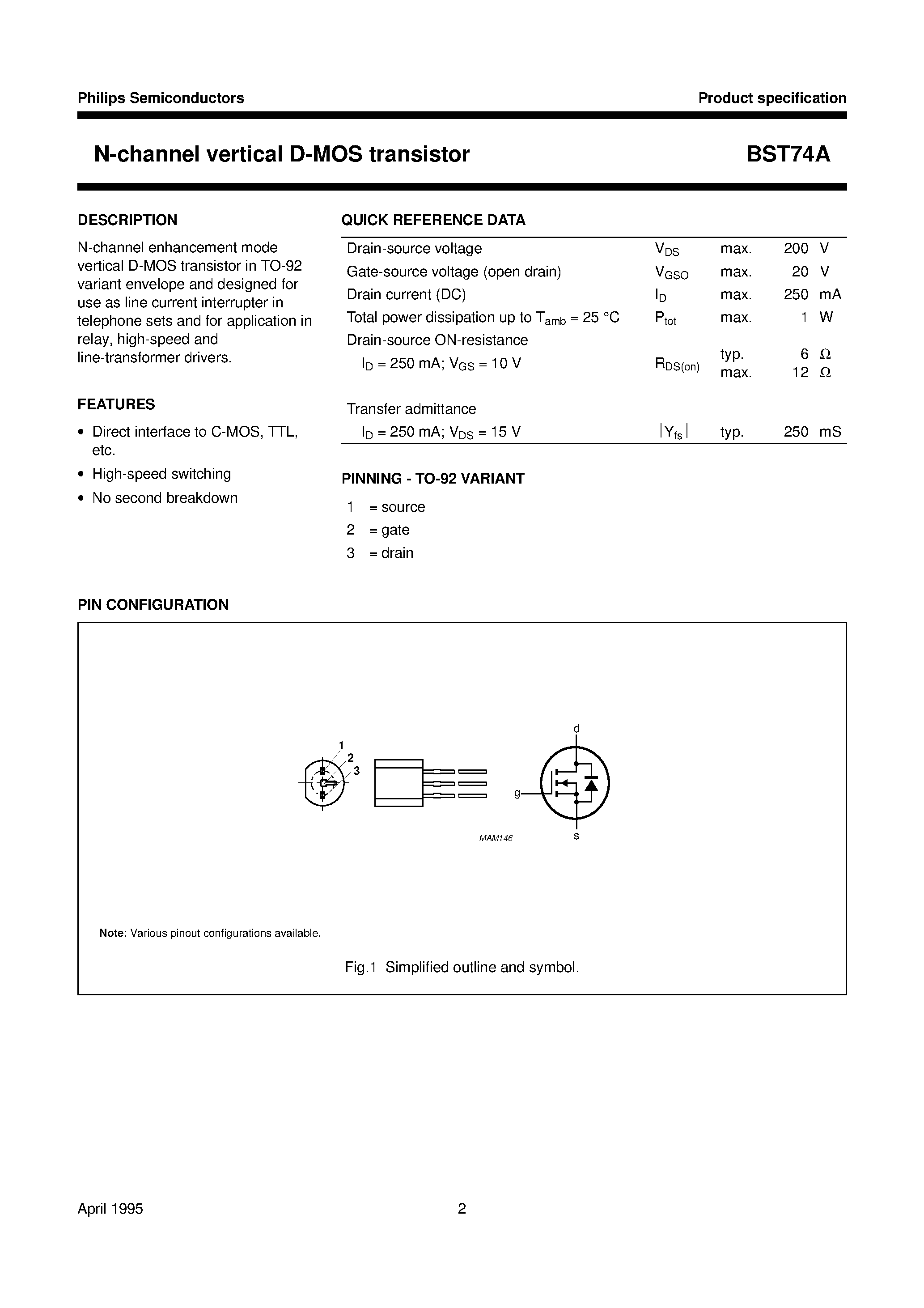 Даташит BST74A - N-channel vertical D-MOS transistor страница 2