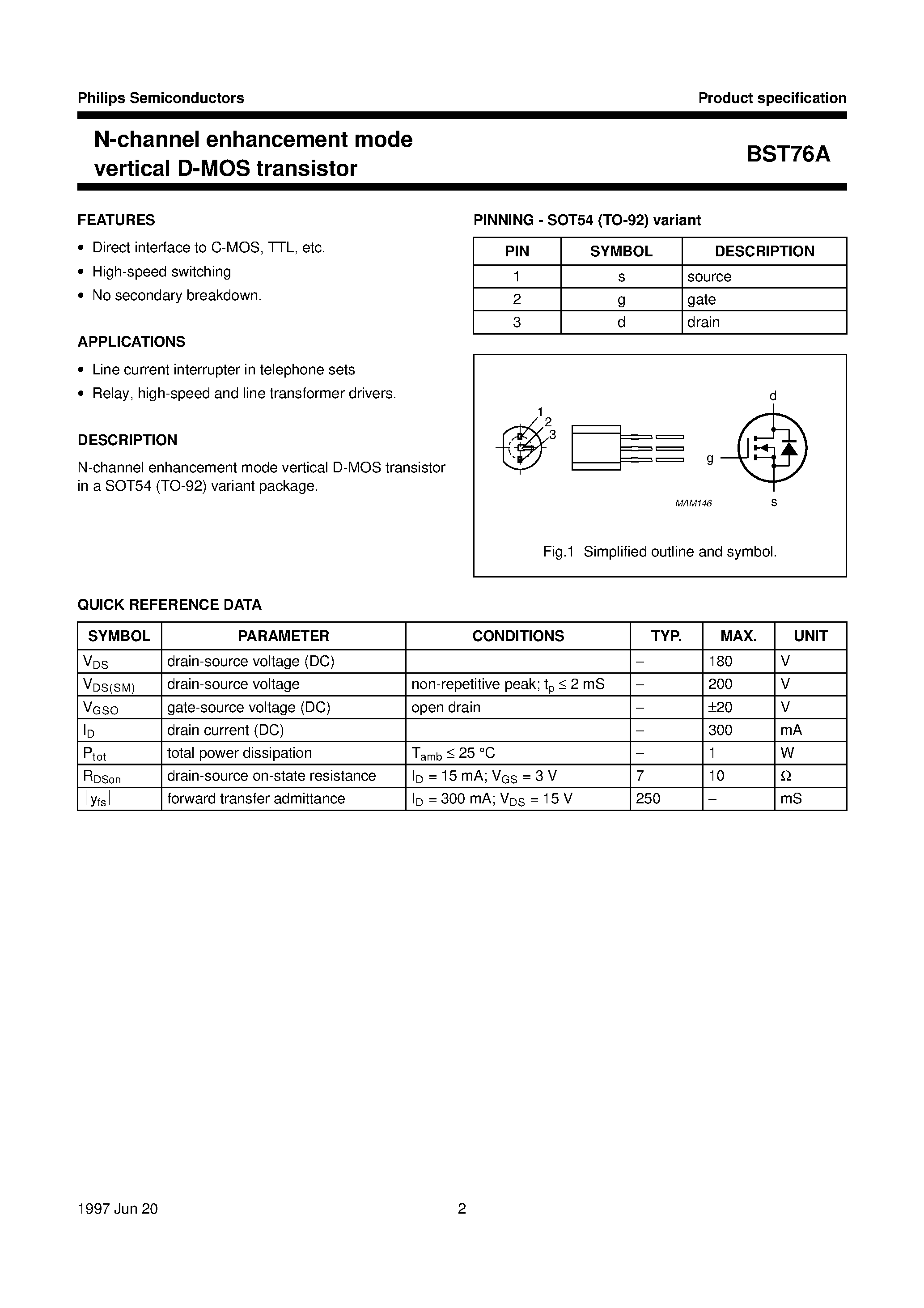 Даташит BST76A - N-channel enhancement mode vertical D-MOS transistor страница 2