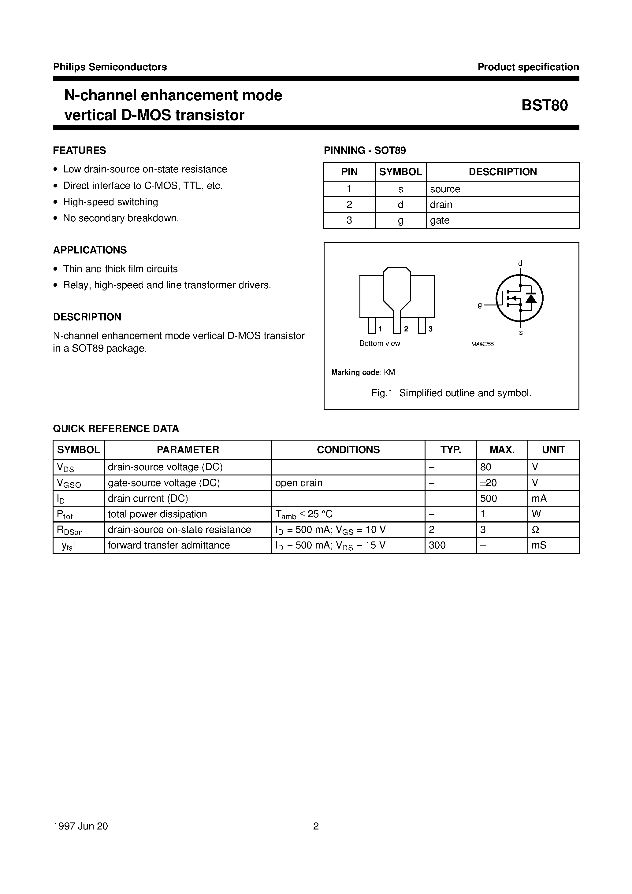 Даташит BST80 - N-channel enhancement mode vertical D-MOS transistor страница 2