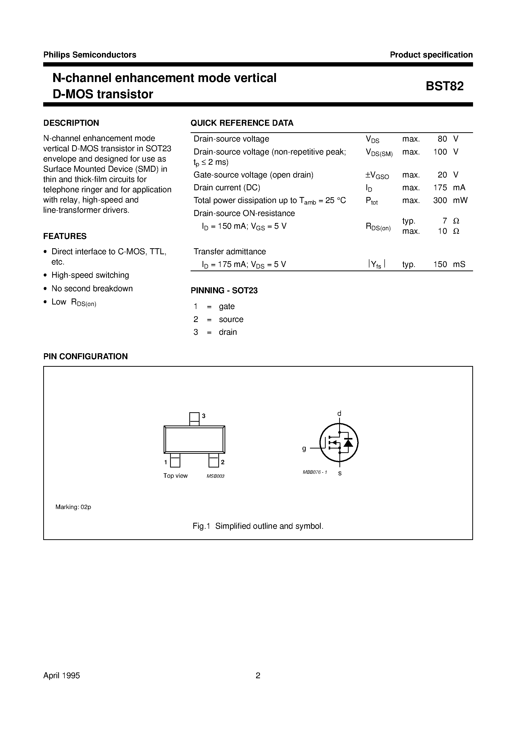 Даташит BST82 - N-channel enhancement mode vertical D-MOS transistor страница 2