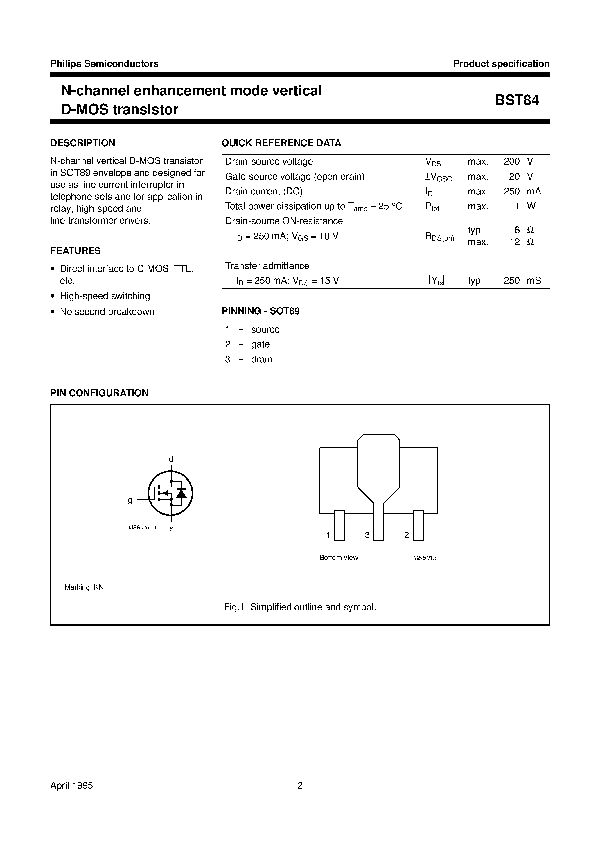 Даташит BST84 - N-channel enhancement mode vertical D-MOS transistor страница 2