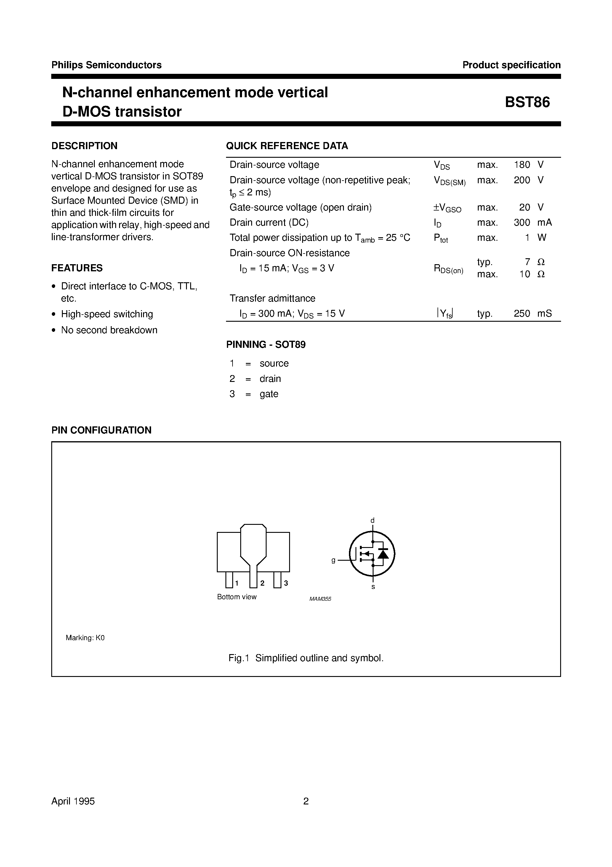 Даташит BST86 - N-channel enhancement mode vertical D-MOS transistor страница 2
