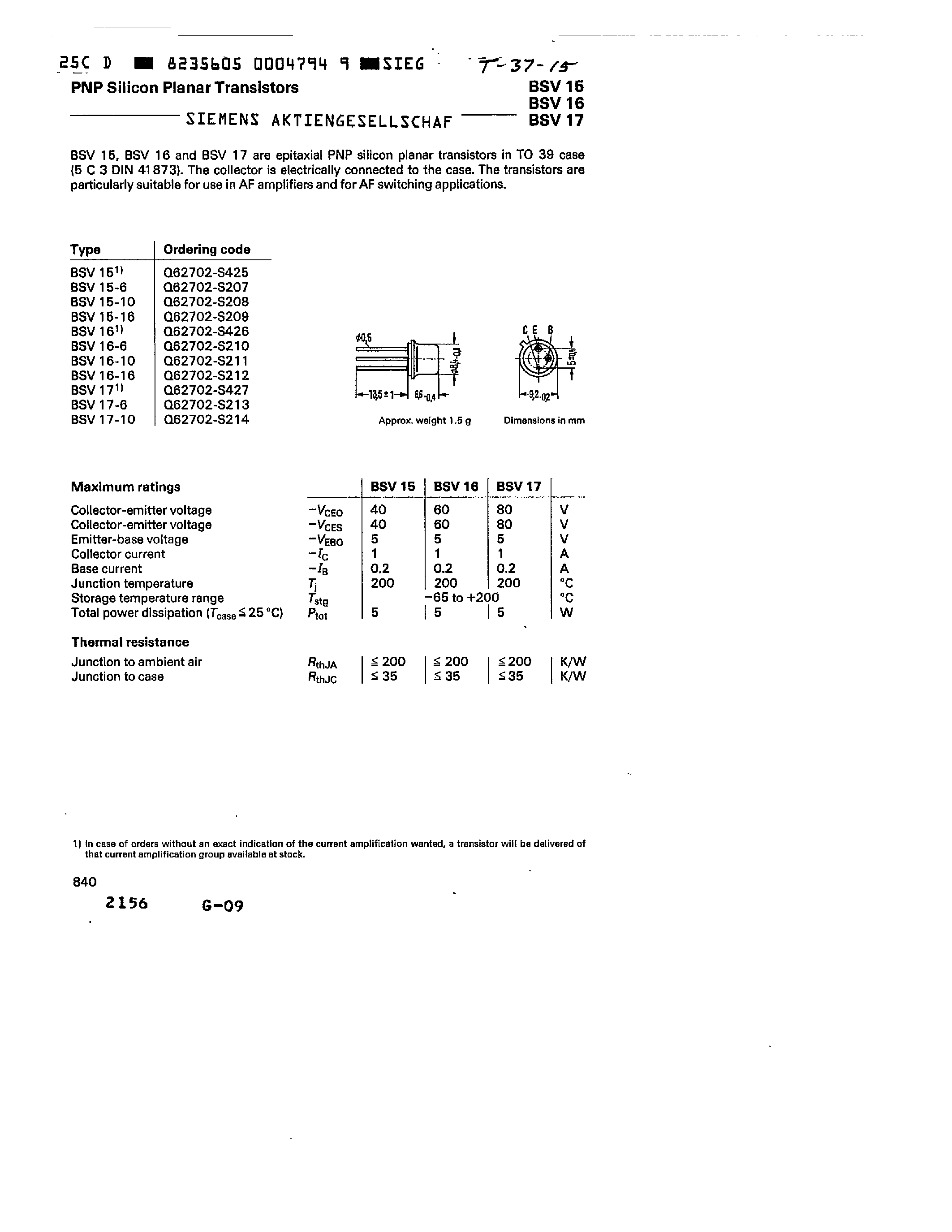 Даташит BSV16-16 - PNP SILICON PLANAR TRANSISTORS страница 1