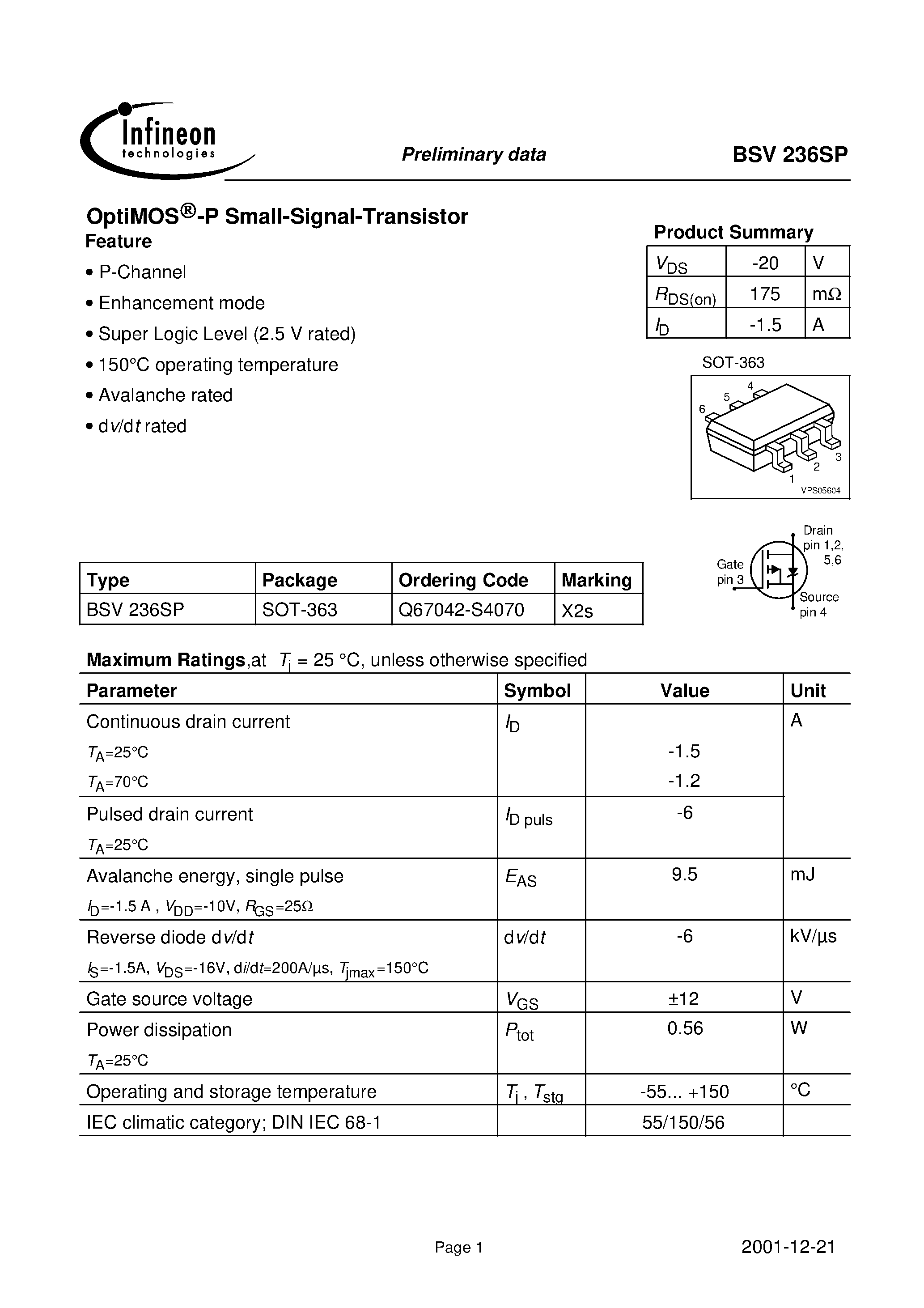 Datasheet BSV236SP - OptiMOS -P Small-Signal-Transistor page 1