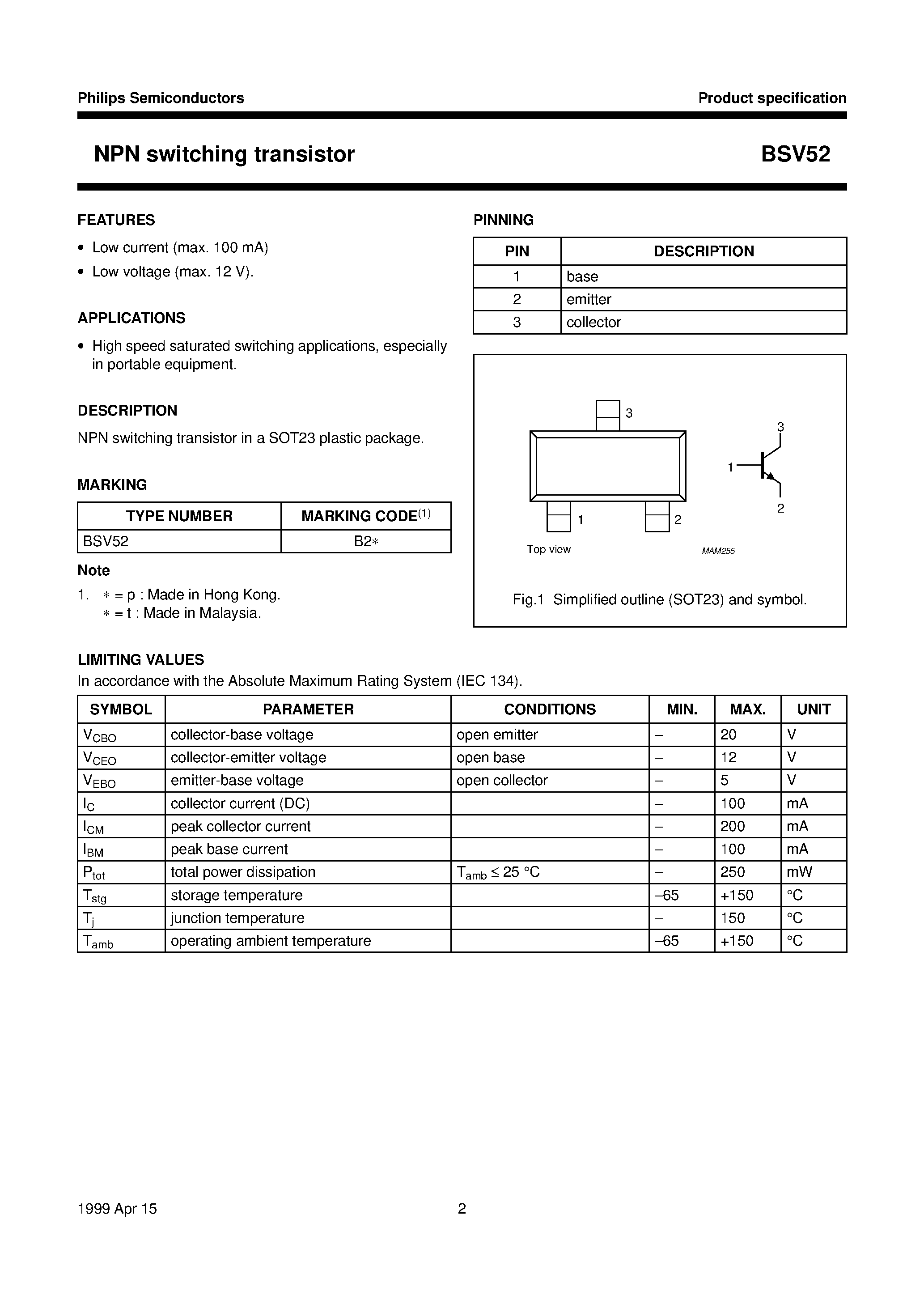 Даташит на микросхему BSV52 страница 2 Даташит BSV52 - NPN switching transistor страница 2