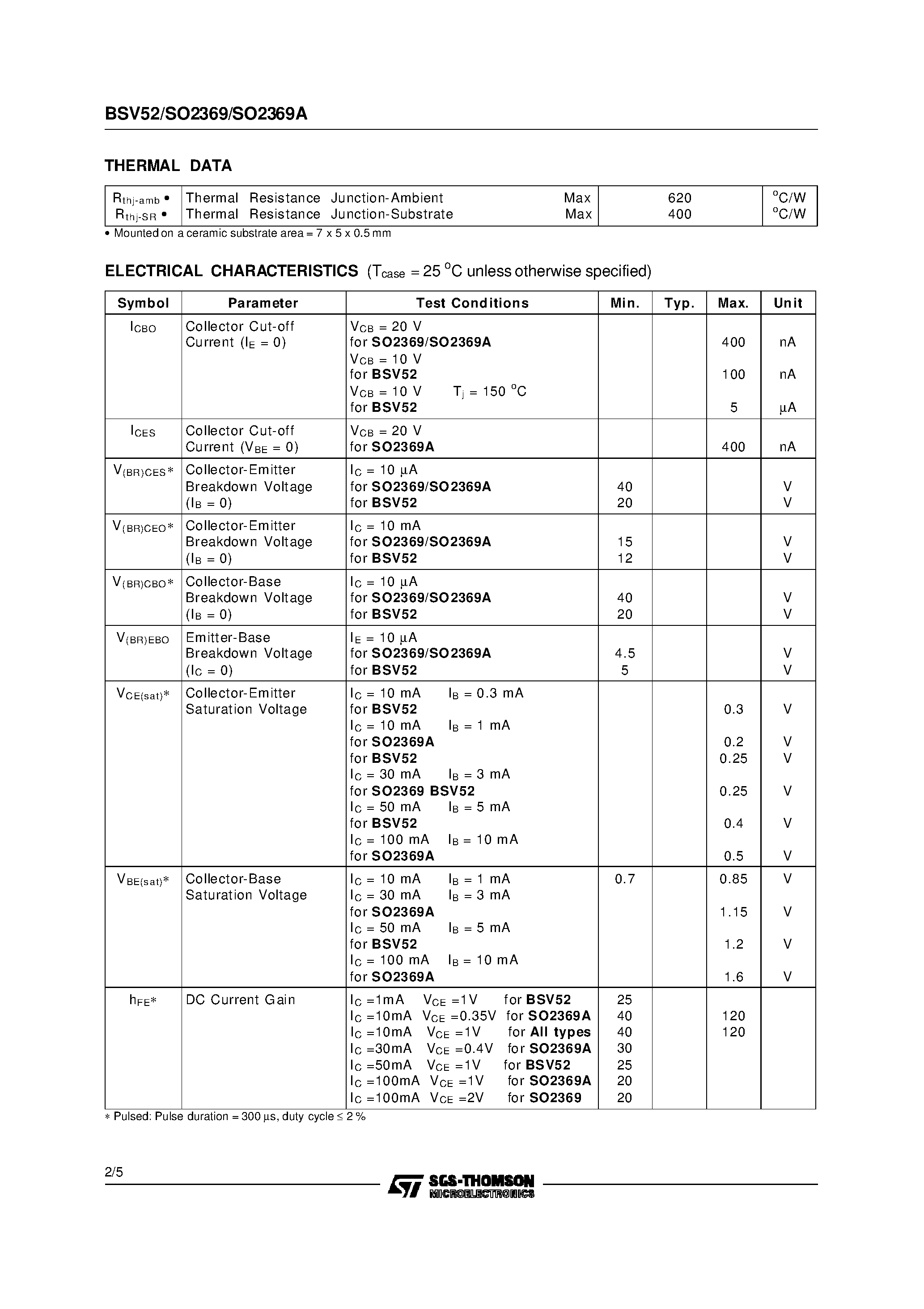 Даташит BSV52 - SMALL SIGNAL NPN TRANSISTORS страница 2