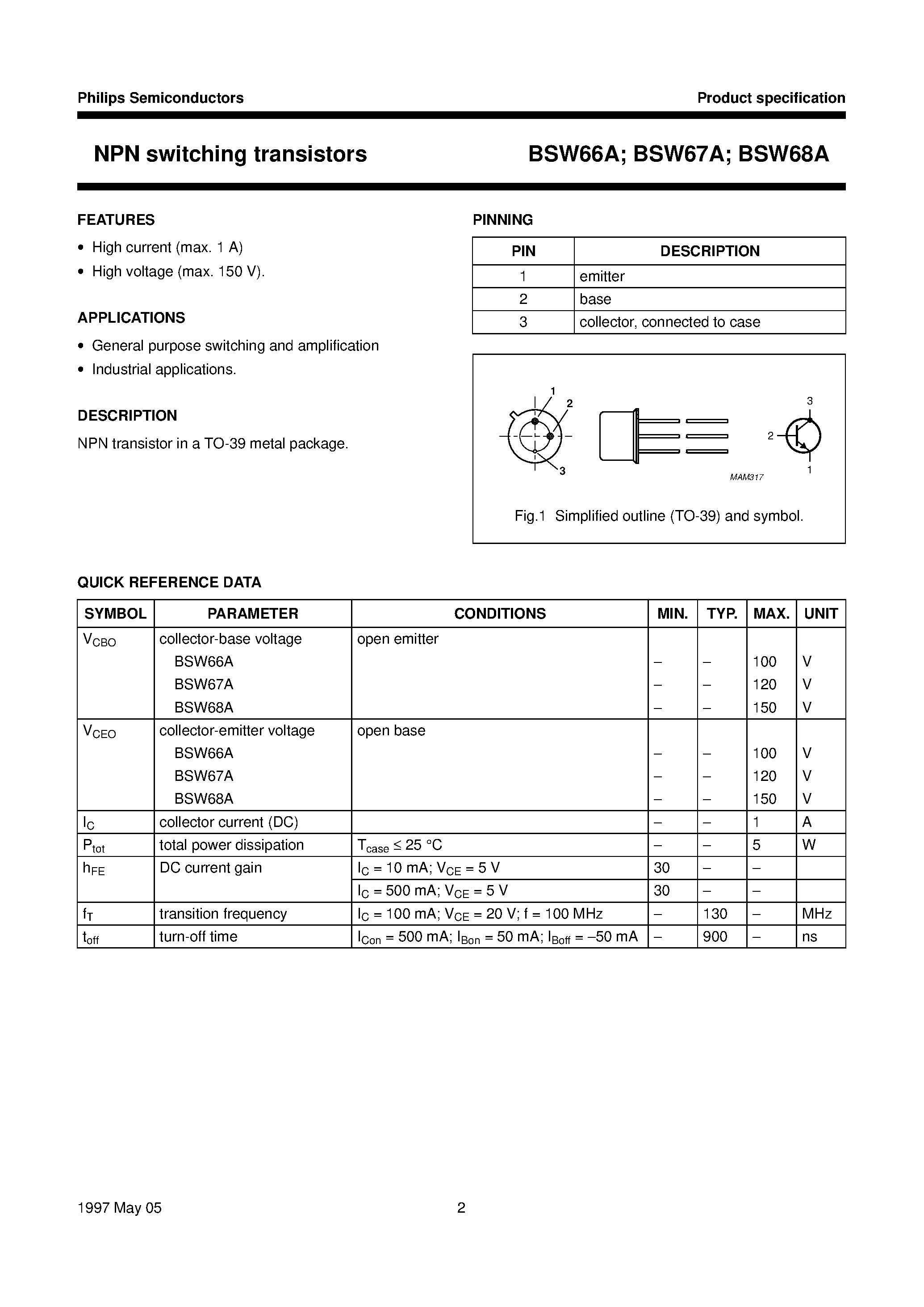 Даташит BSW67 - NPN switching transistors страница 2