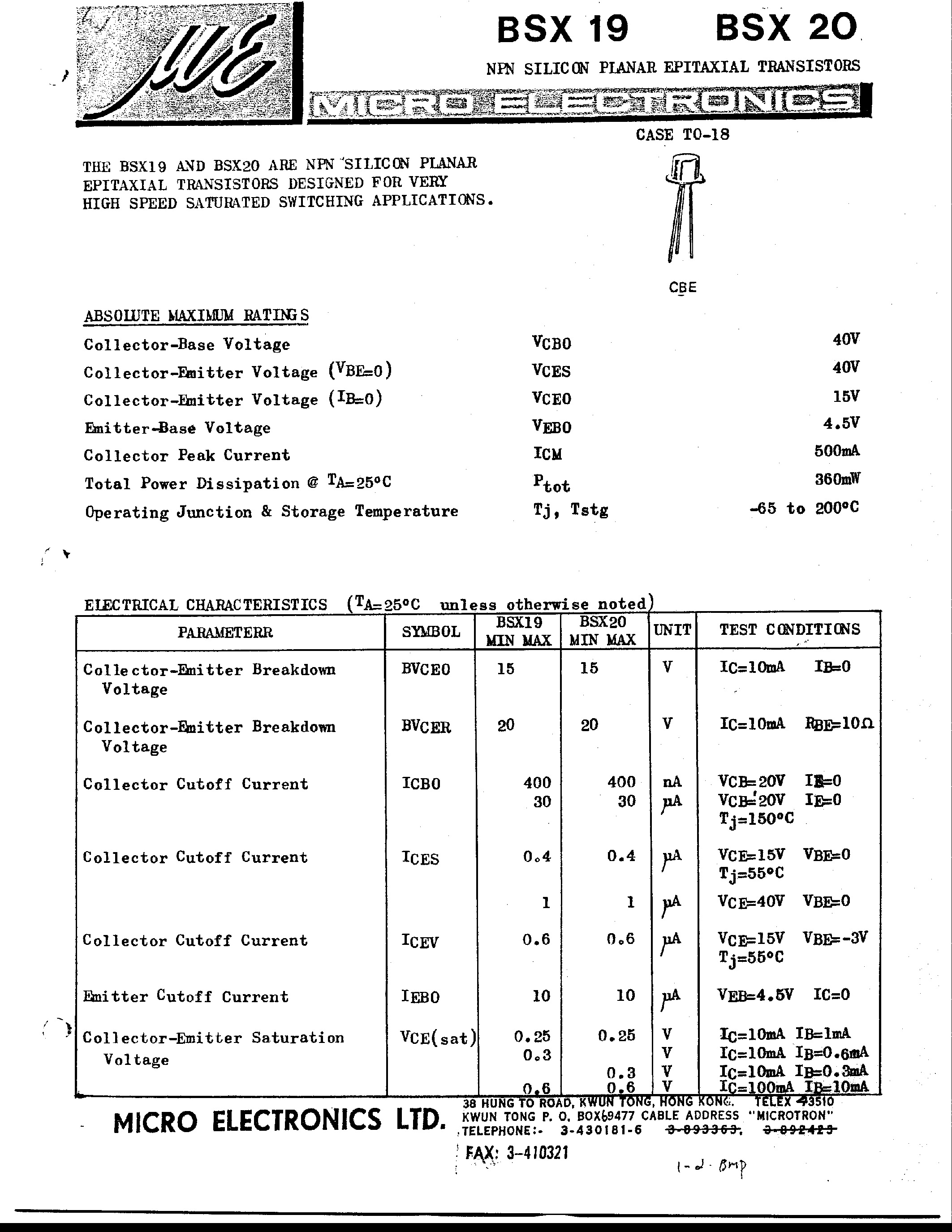 Даташит BSX19 - NPN SILICON PLANAR EPITAXIAL TRANSISTORS страница 1