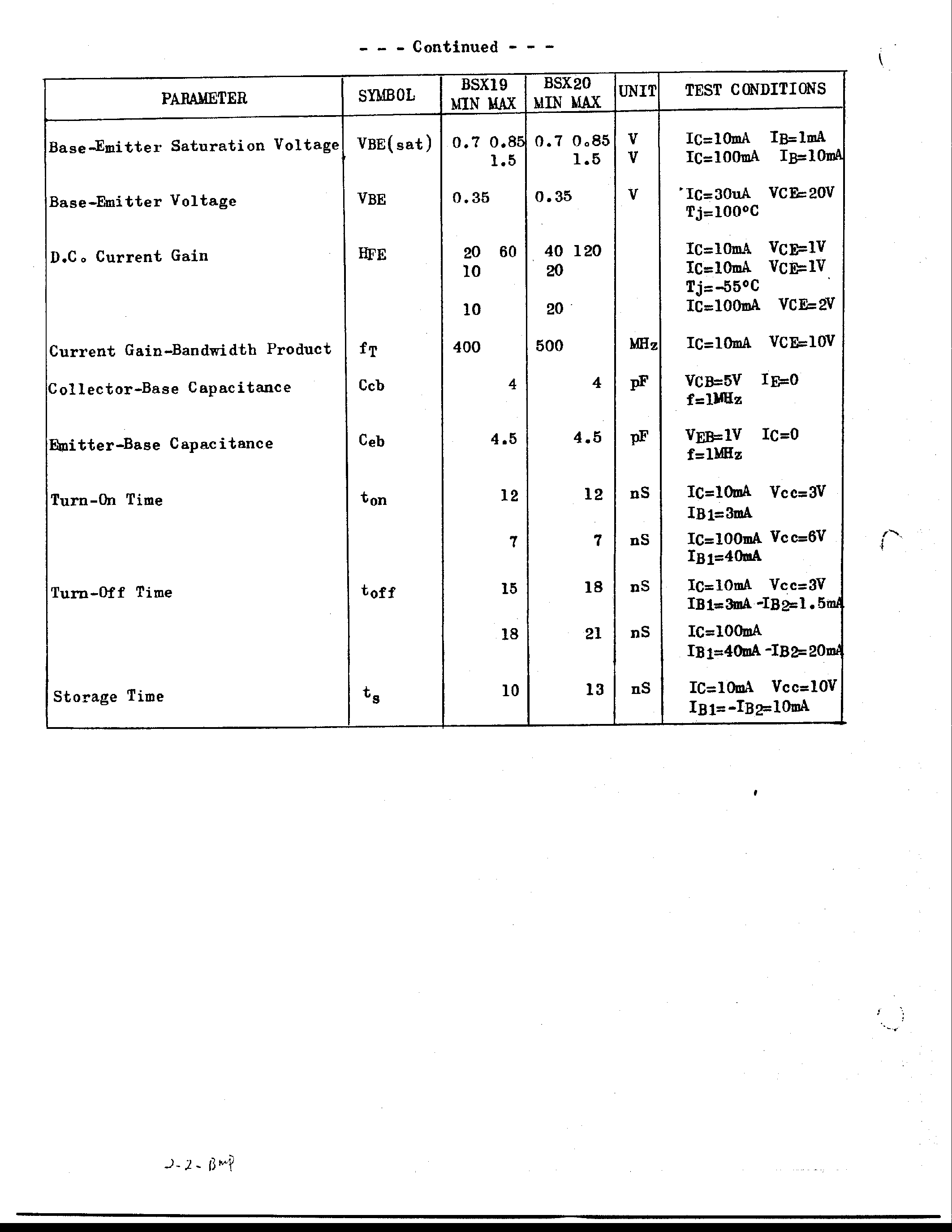 Даташит BSX19 - NPN SILICON PLANAR EPITAXIAL TRANSISTORS страница 2