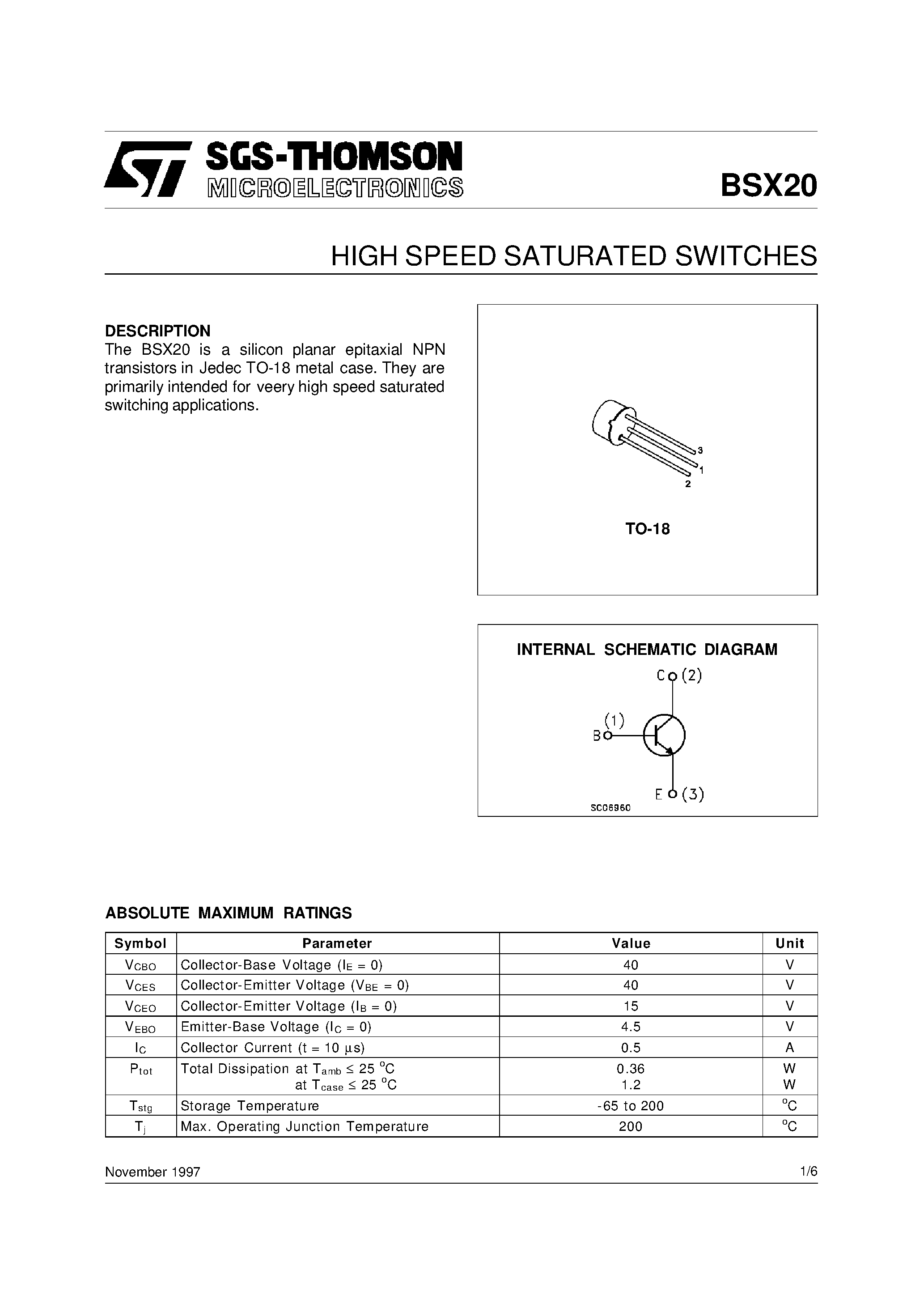 Даташит BSX20 - HIGH SPEED SATURATED SWITCHES страница 1