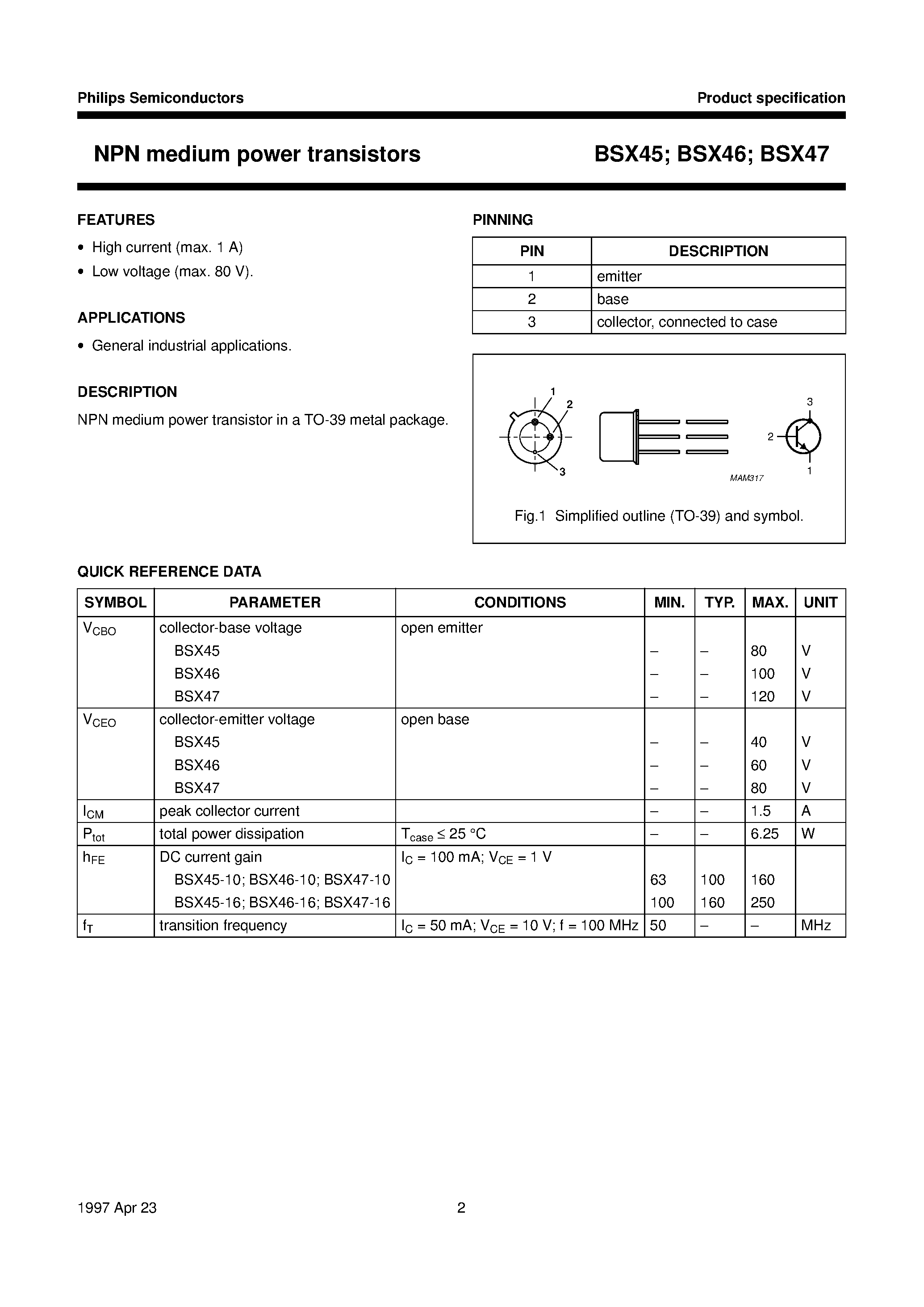 Даташит BSX45 - NPN medium power transistors страница 2