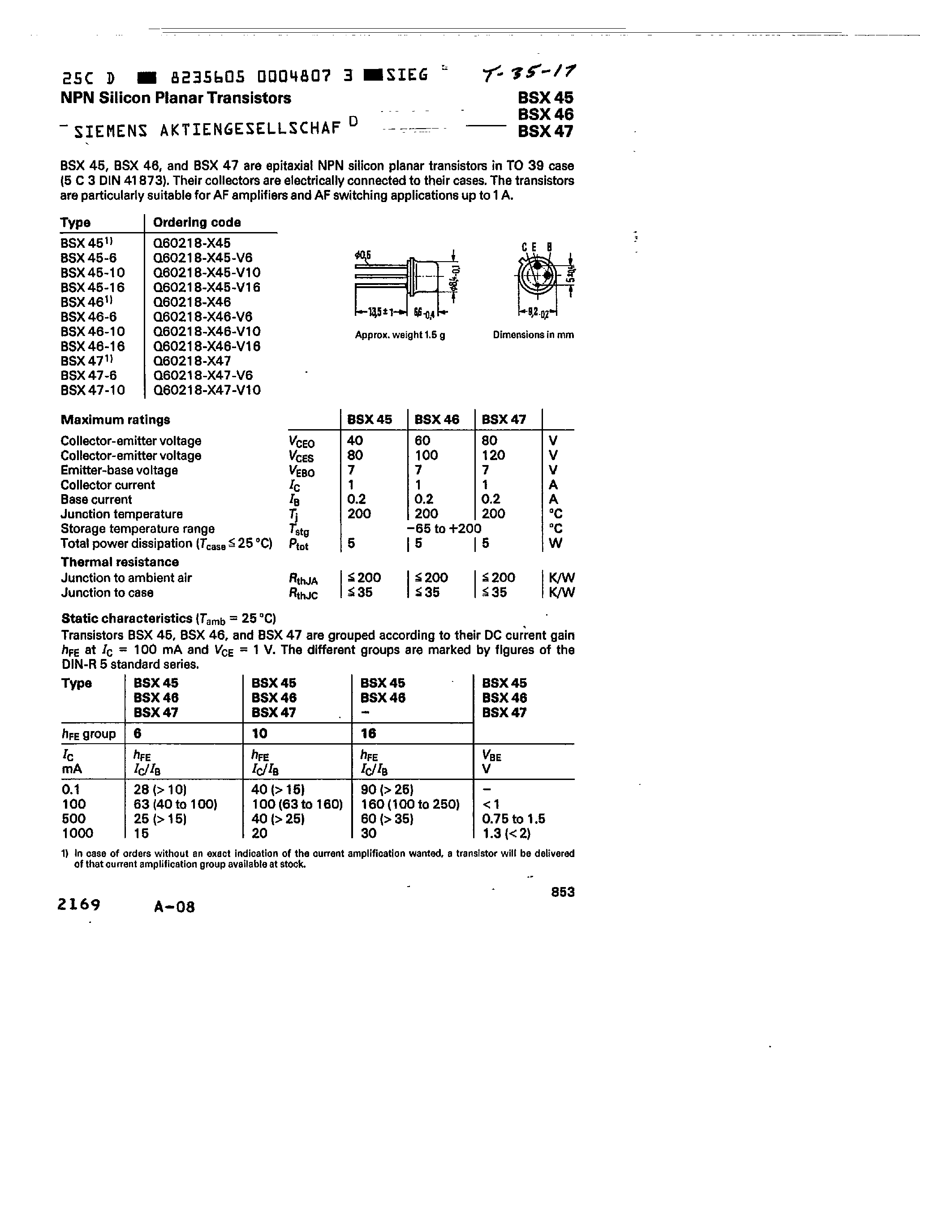 Datasheet BSX47-6 page 1 Datasheet BSX47-6 - NPN SILICON PLANAR TRANSISTORS page 1