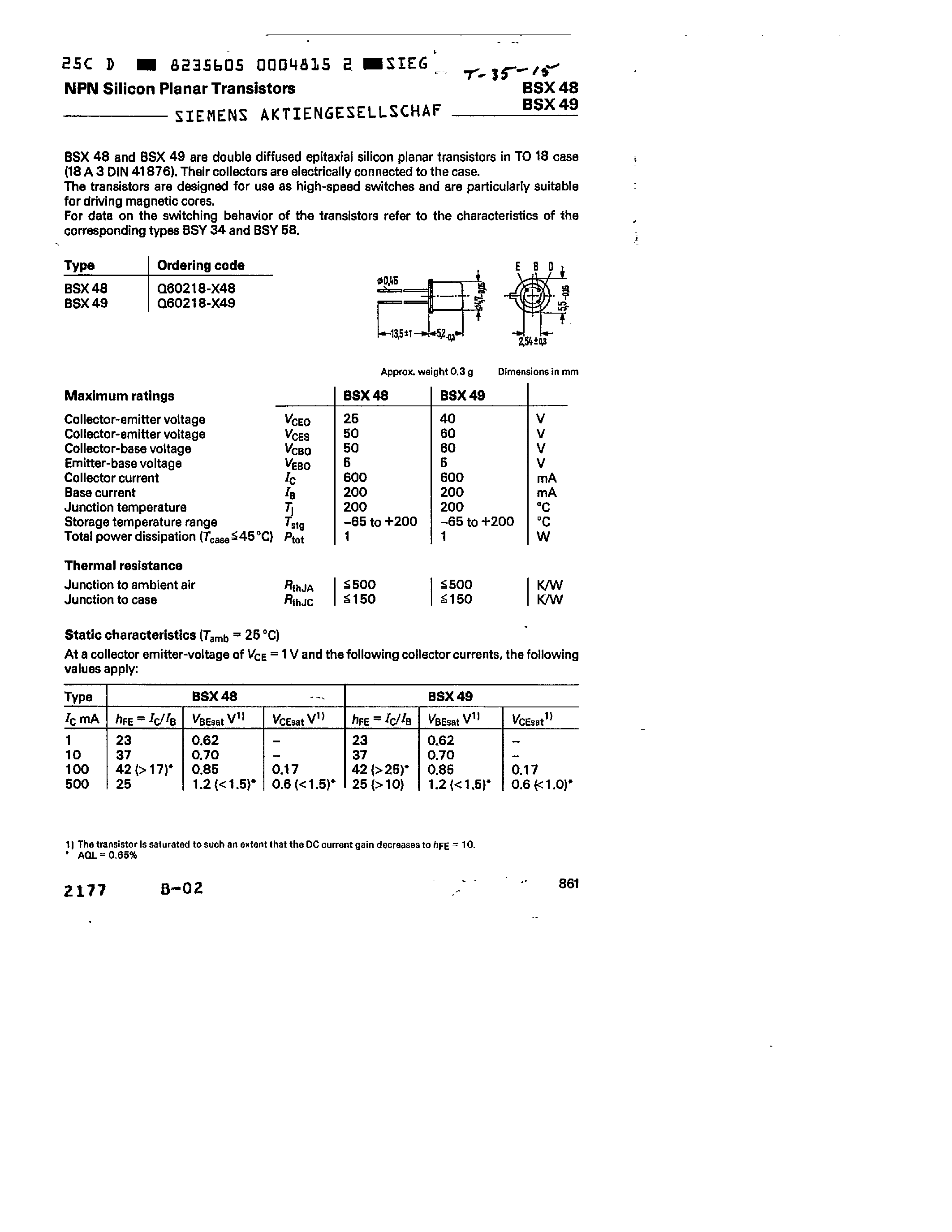 Даташит BSX49 - NPN SILICON PLANAR TRANSISTORS страница 1