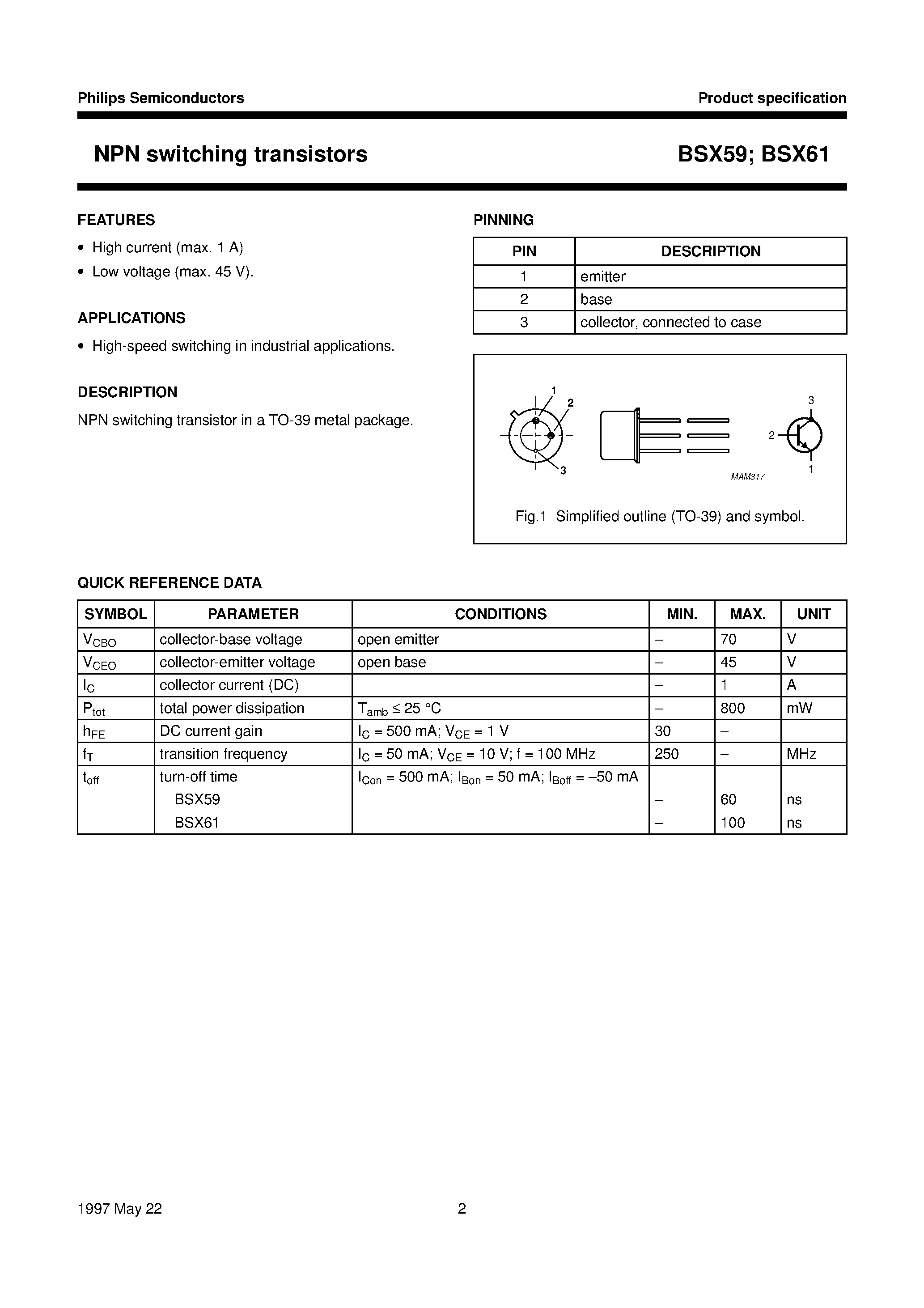 Даташит BSX61 - NPN switching transistors страница 2