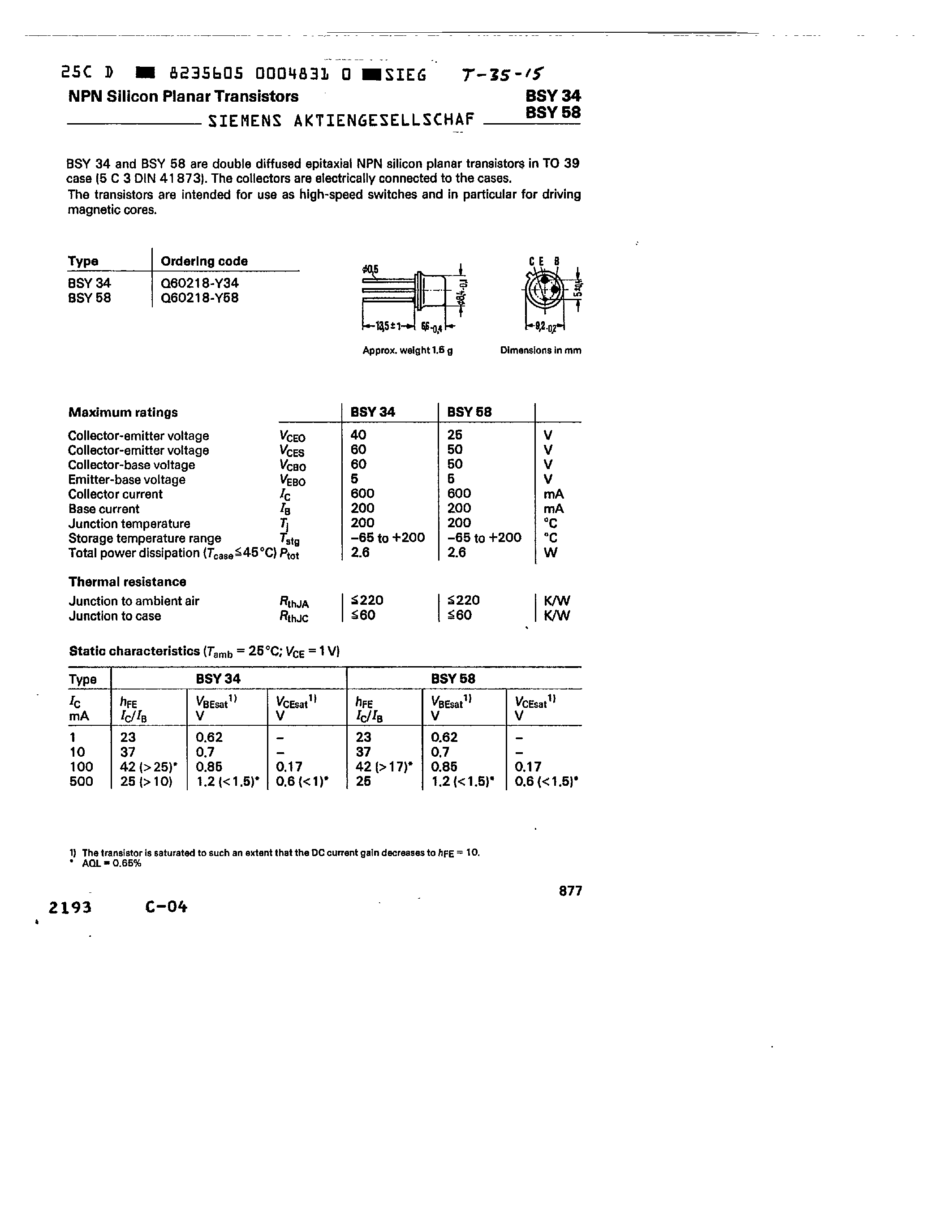 Даташит BSY58 - NPN SILICON PLANAR TRANSISTORS страница 1