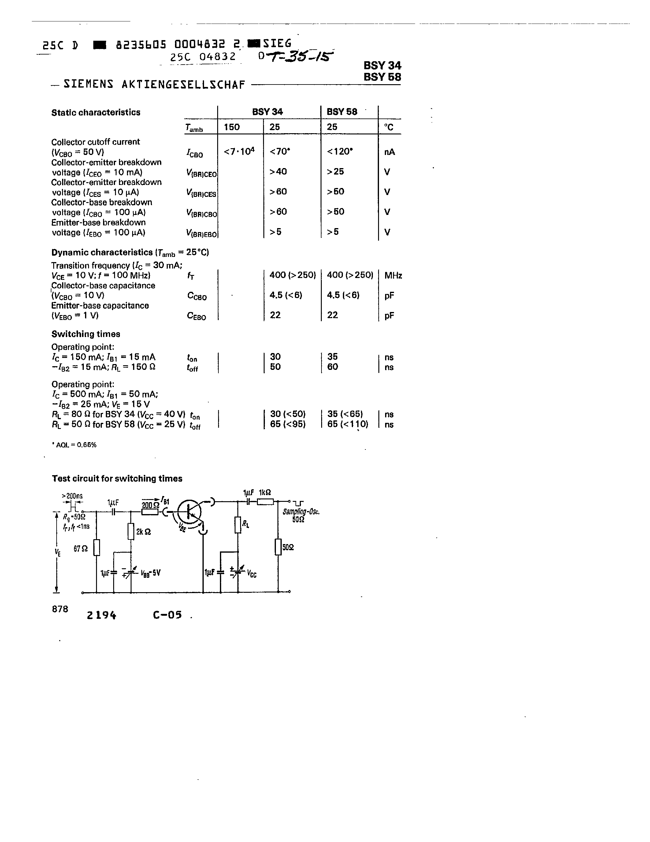Даташит BSY58 - NPN SILICON PLANAR TRANSISTORS страница 2
