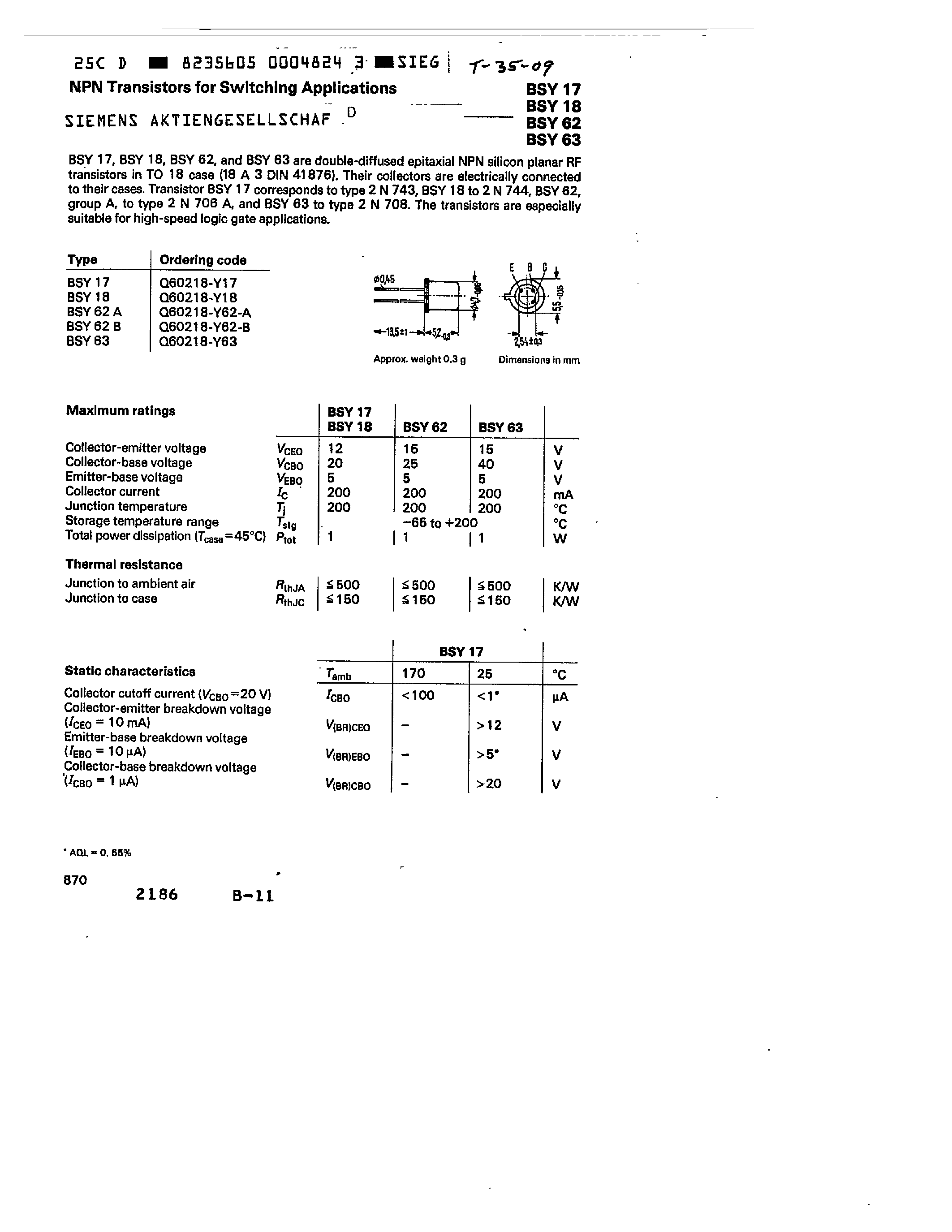 Даташит BSY62A - NPN TRANSISTORS FOR SWITCHING APPLICATIONS страница 1