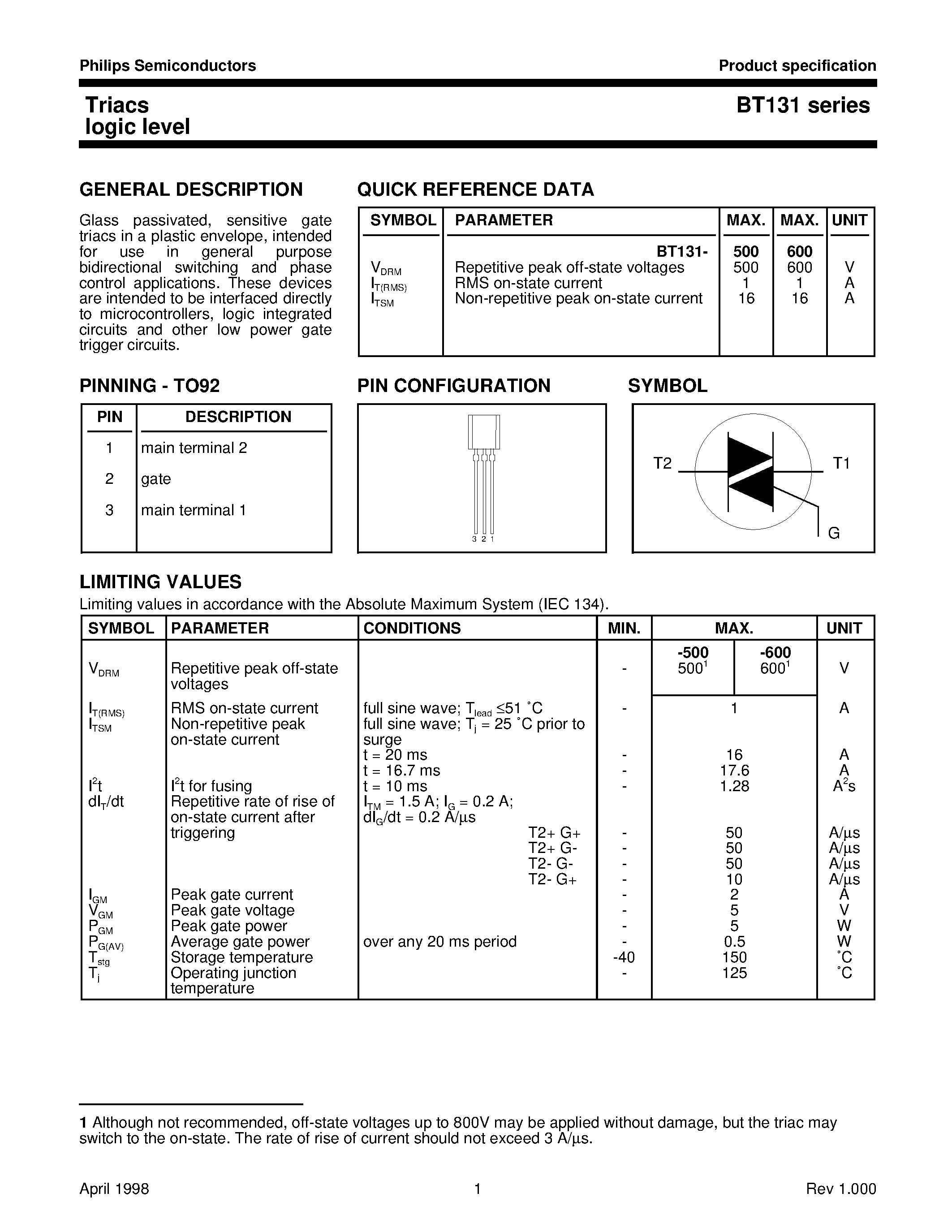 Datasheet BT131 - Triacs logic level page 1