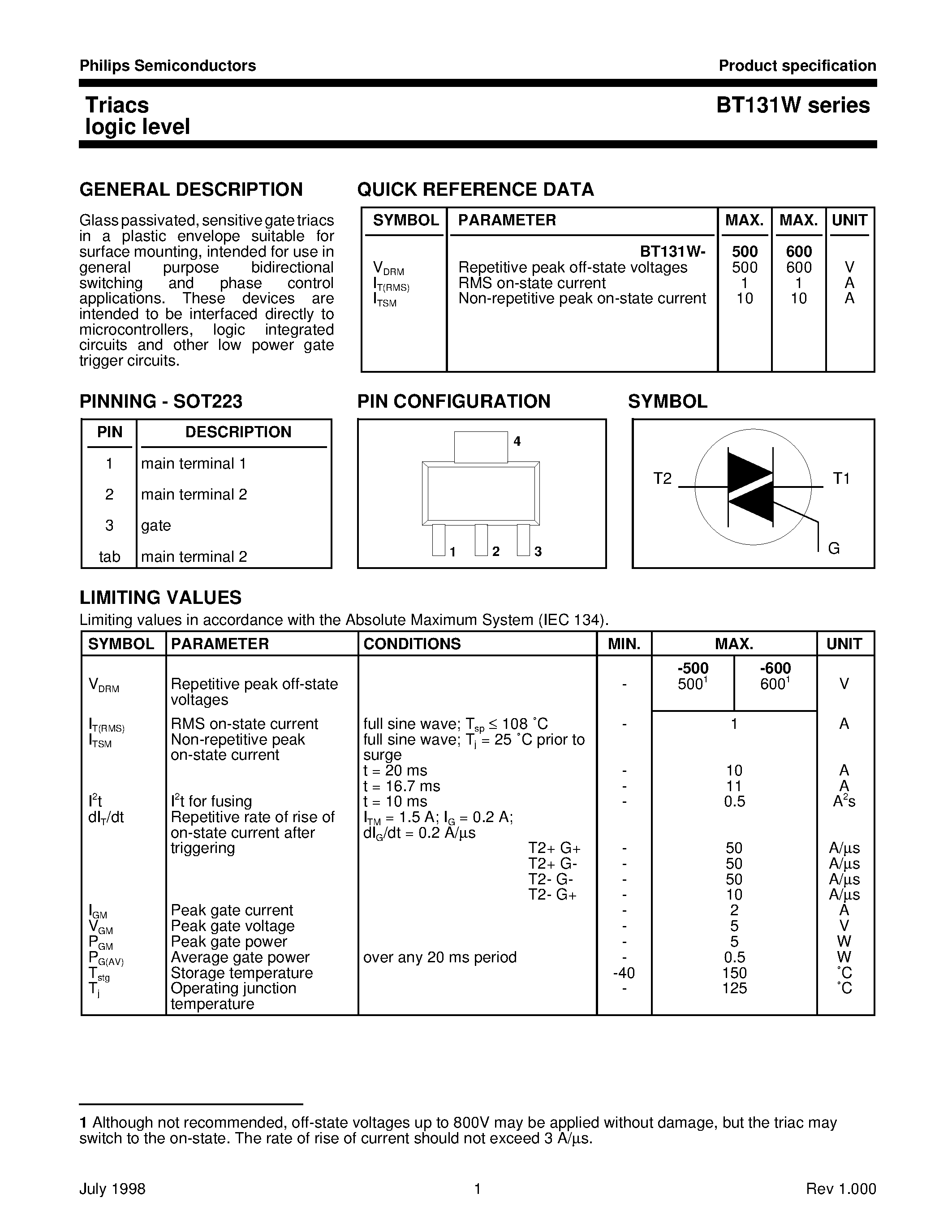 Datasheet BT131W - Triacs logic level page 1