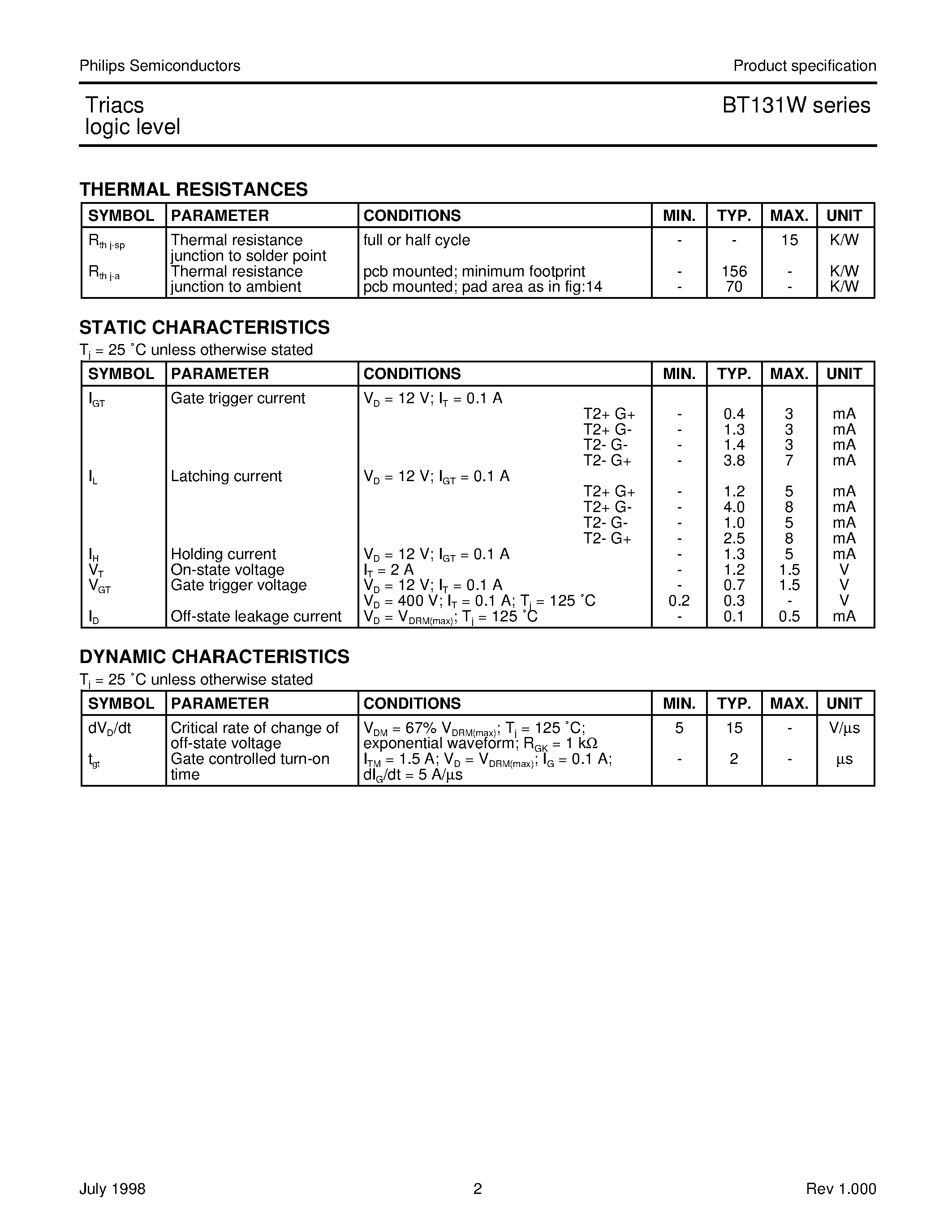 Datasheet BT131W - Triacs logic level page 2