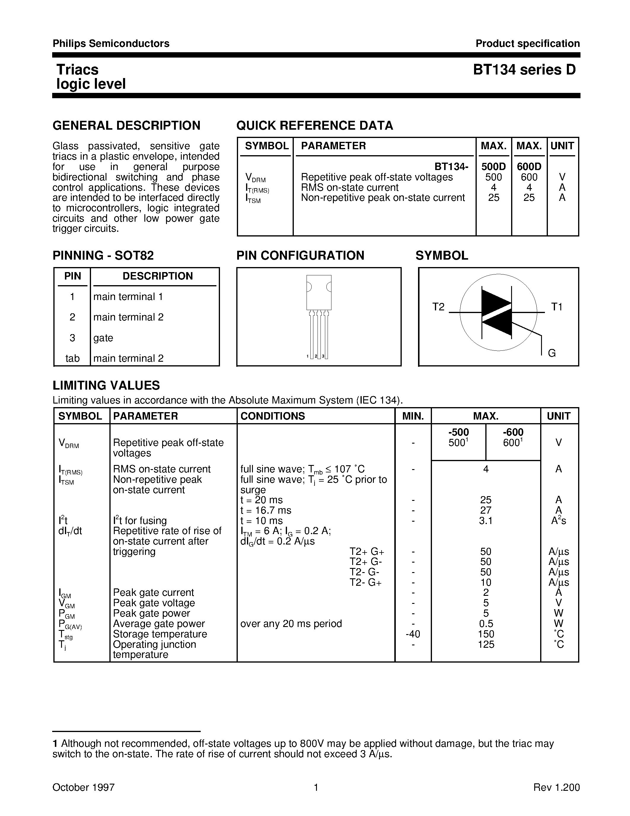 Datasheet BT134-500D - Triacs logic level page 1