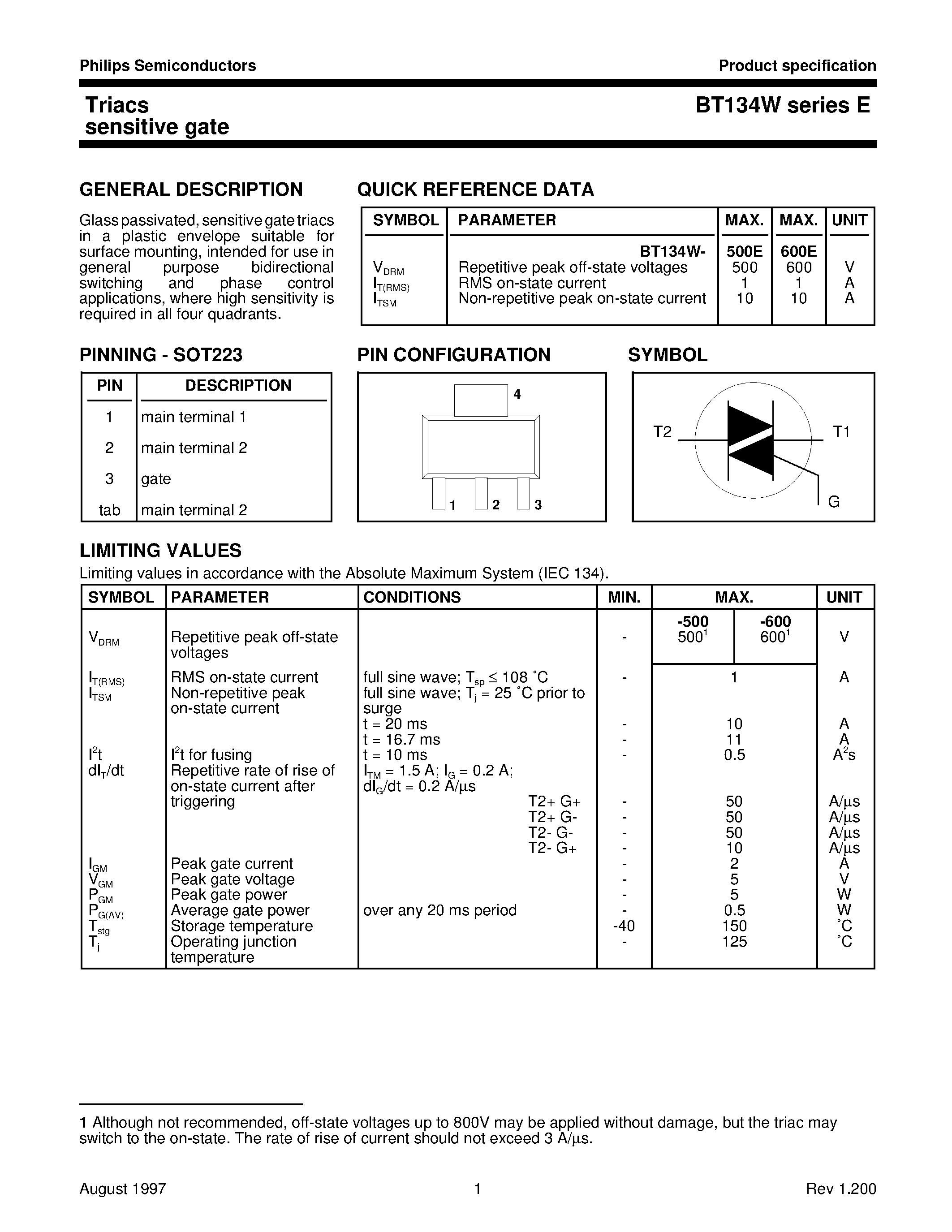Datasheet BT134W-600E - Triacs sensitive gate page 1