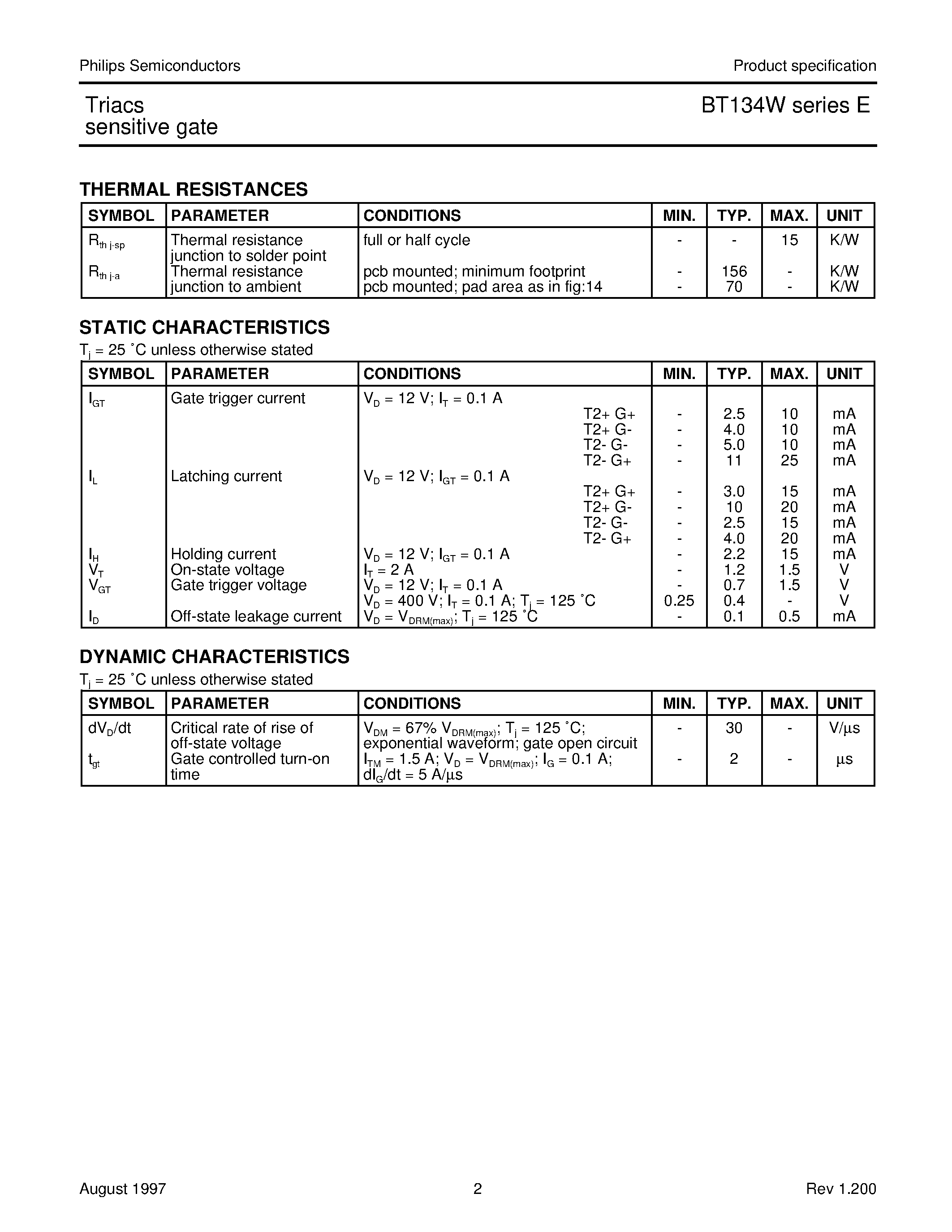 Datasheet BT134W-600E - Triacs sensitive gate page 2
