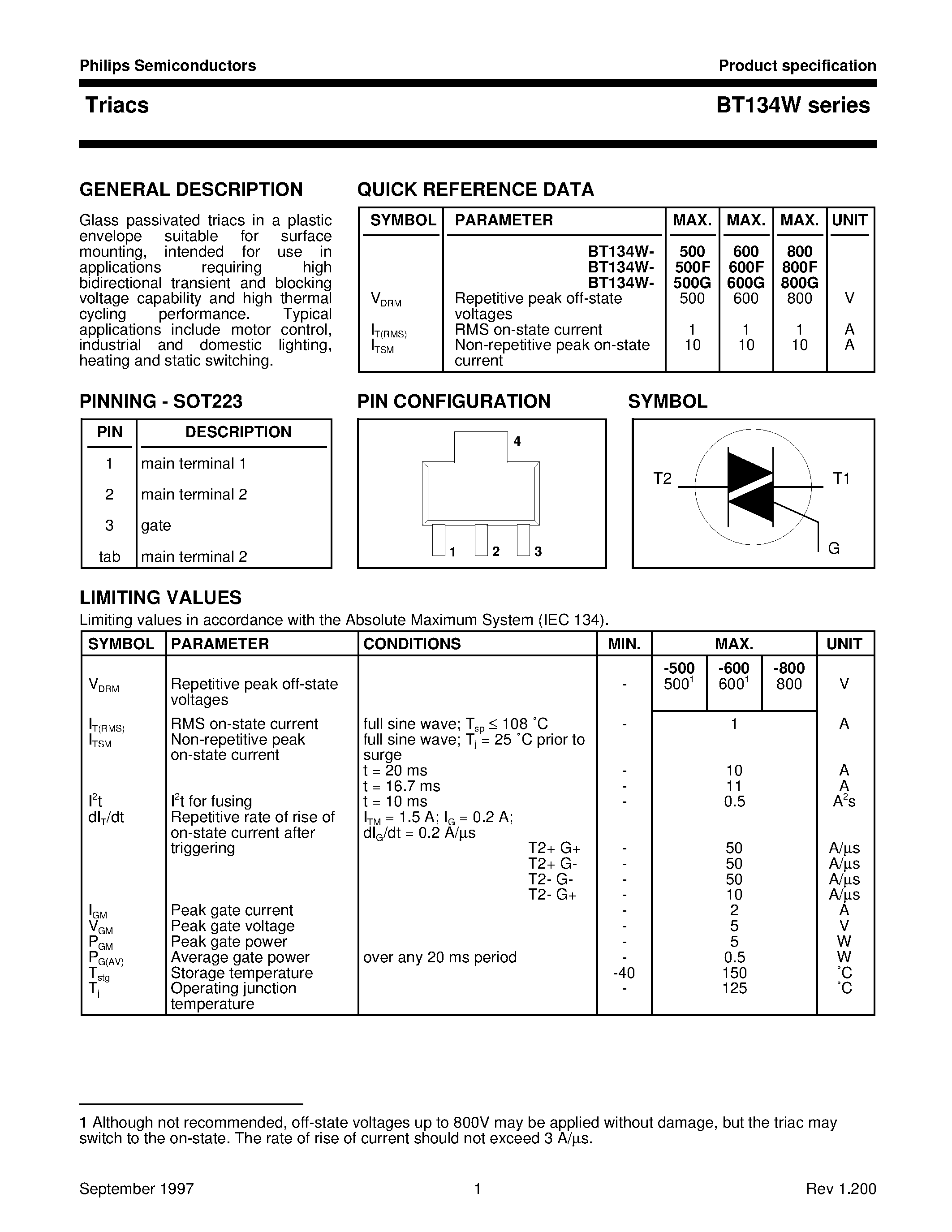 Datasheet BT134W-800F - Triacs page 1