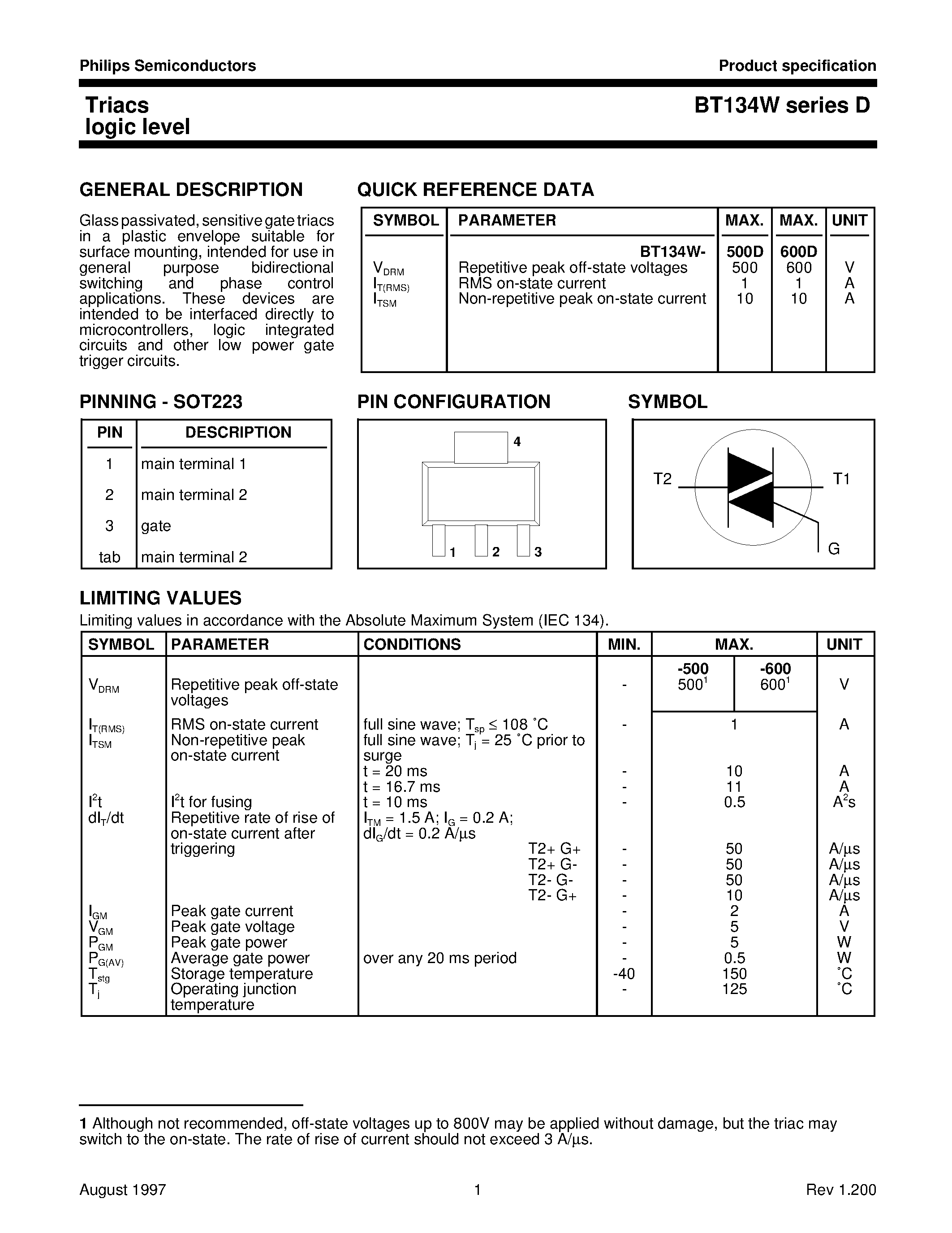 Datasheet BT134WD - Triacs logic level page 1