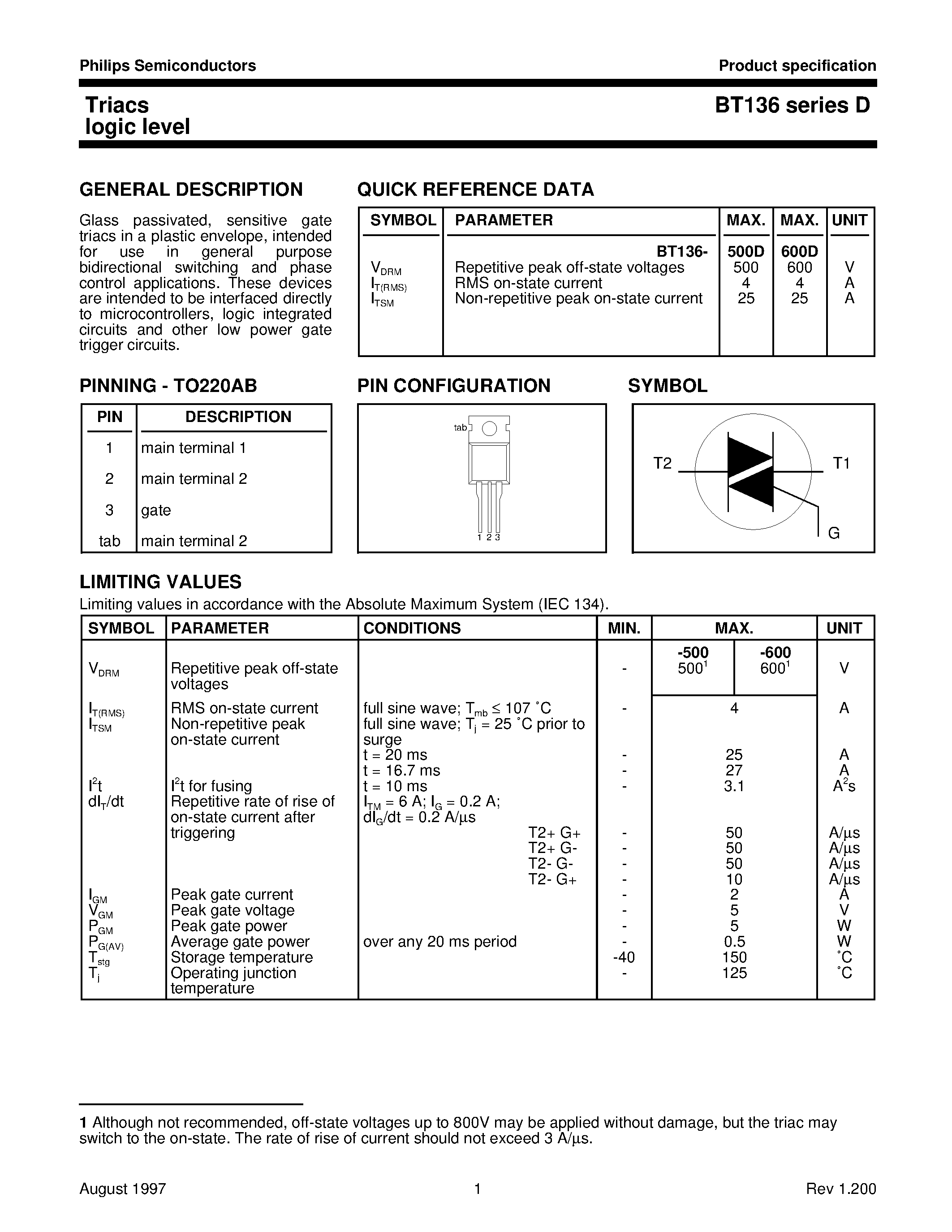 Datasheet BT136-500D - Triacs logic level page 1