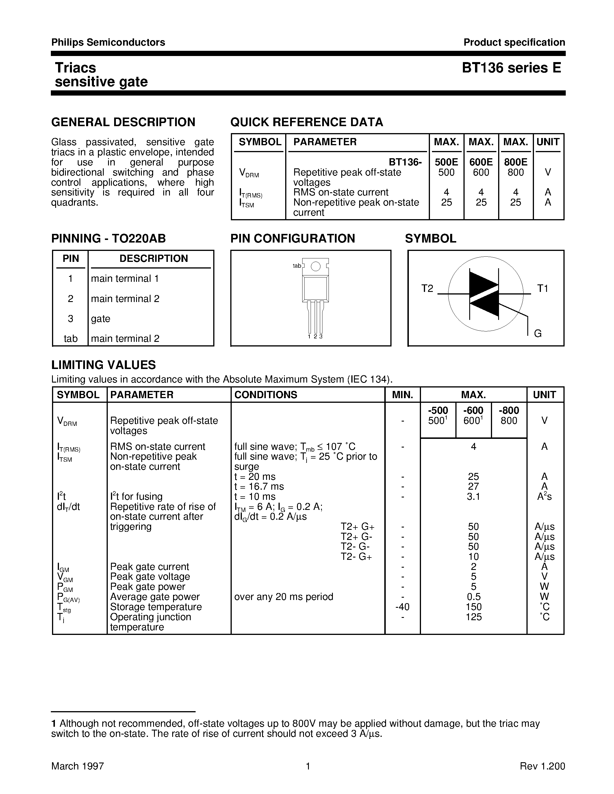 Datasheet BT136-800E - Triacs sensitive gate page 1