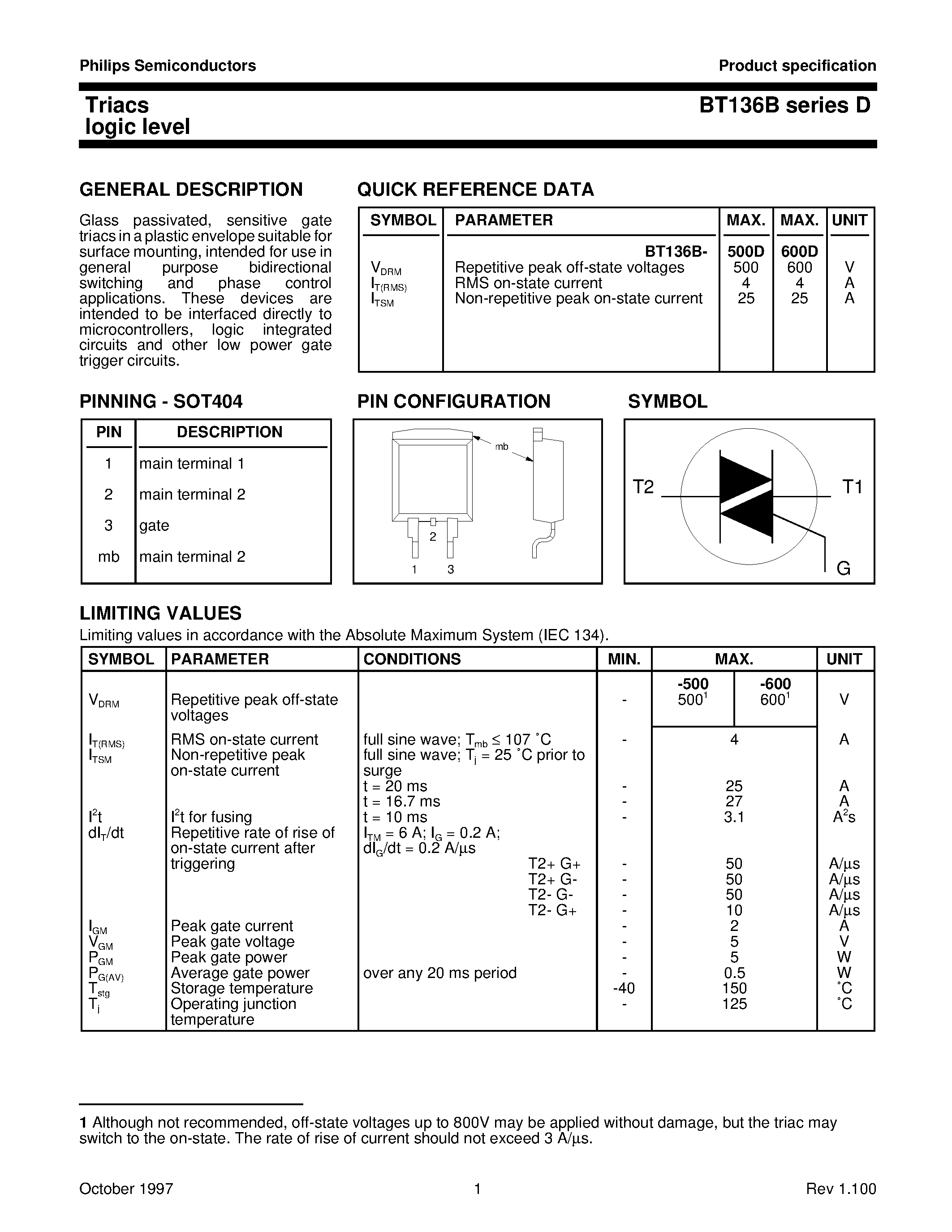 Datasheet BT136B-500D - Triacs logic level page 1
