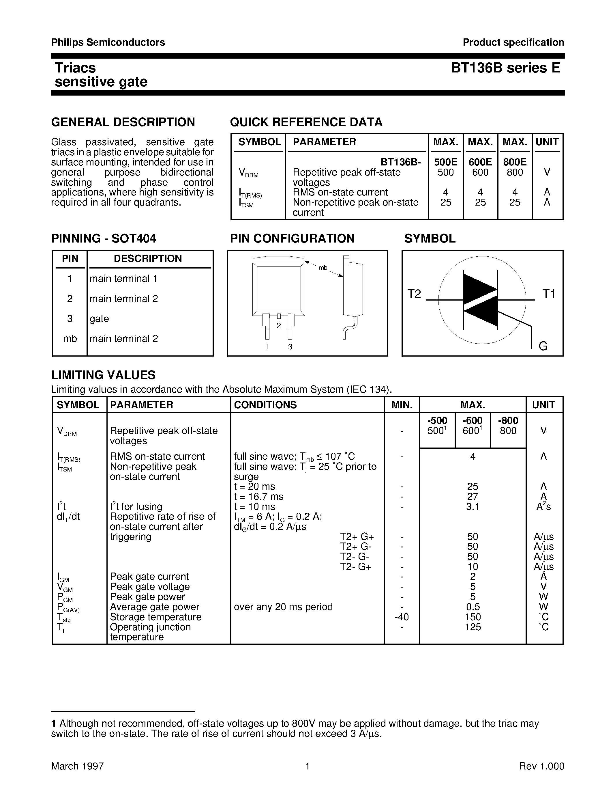 Datasheet BT136B-600E - Triacs sensitive gate page 1