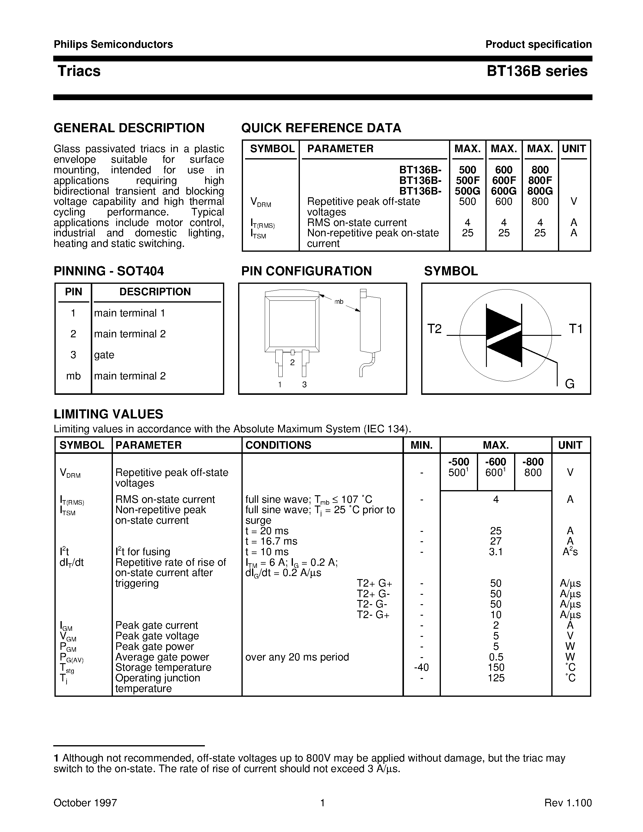 Datasheet BT136B-600G - Triacs page 1