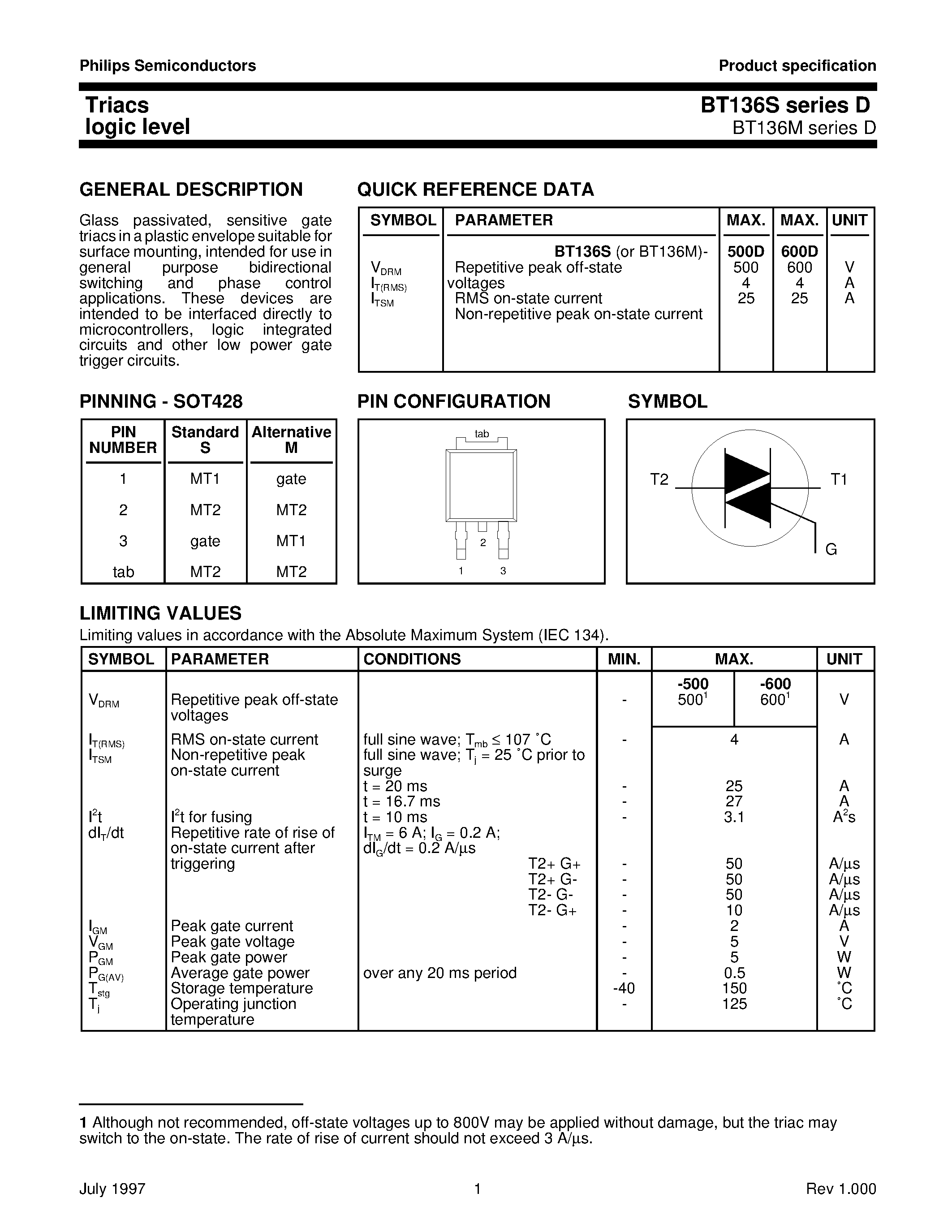 Datasheet BT136S-500D - Triacs logic level page 1