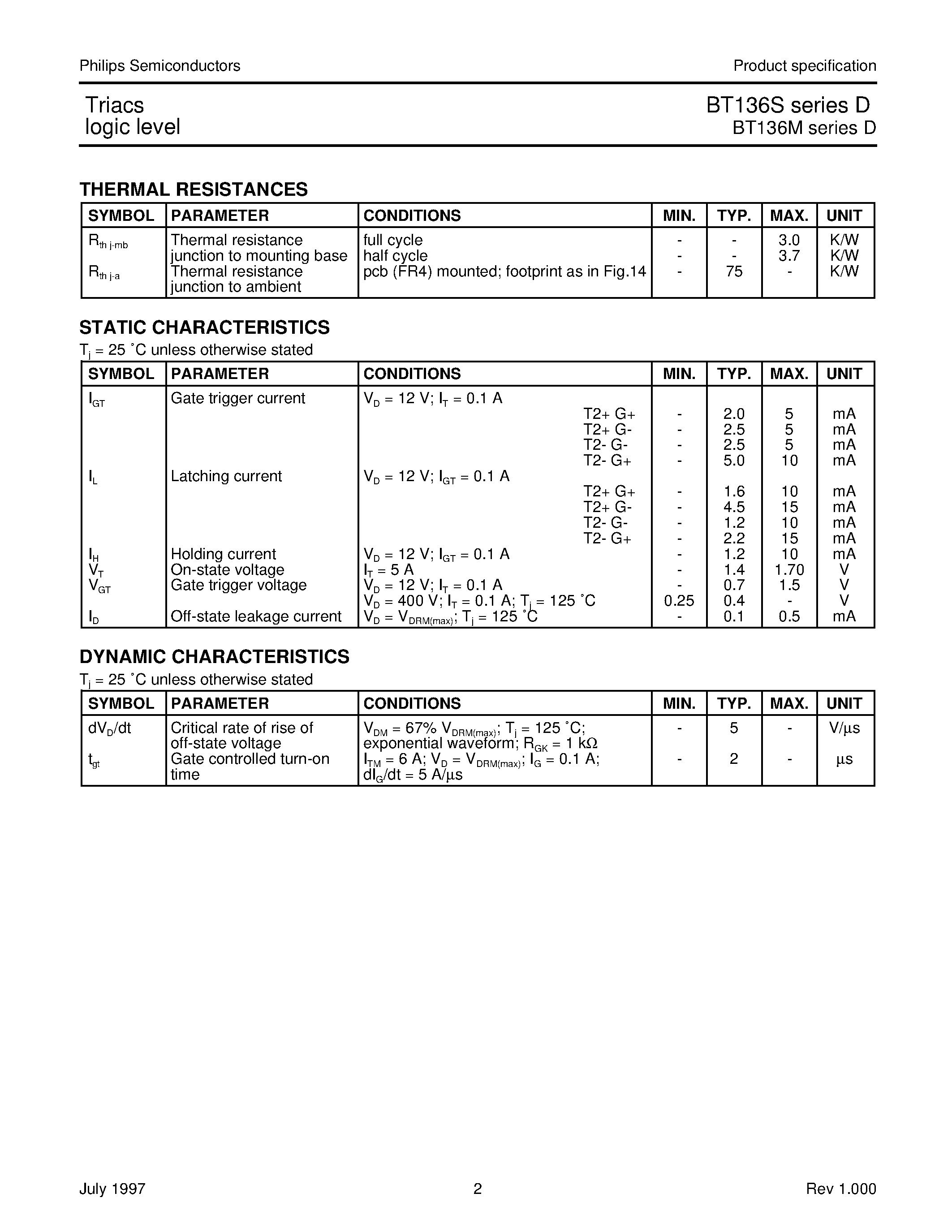 Datasheet BT136S-500D - Triacs logic level page 2