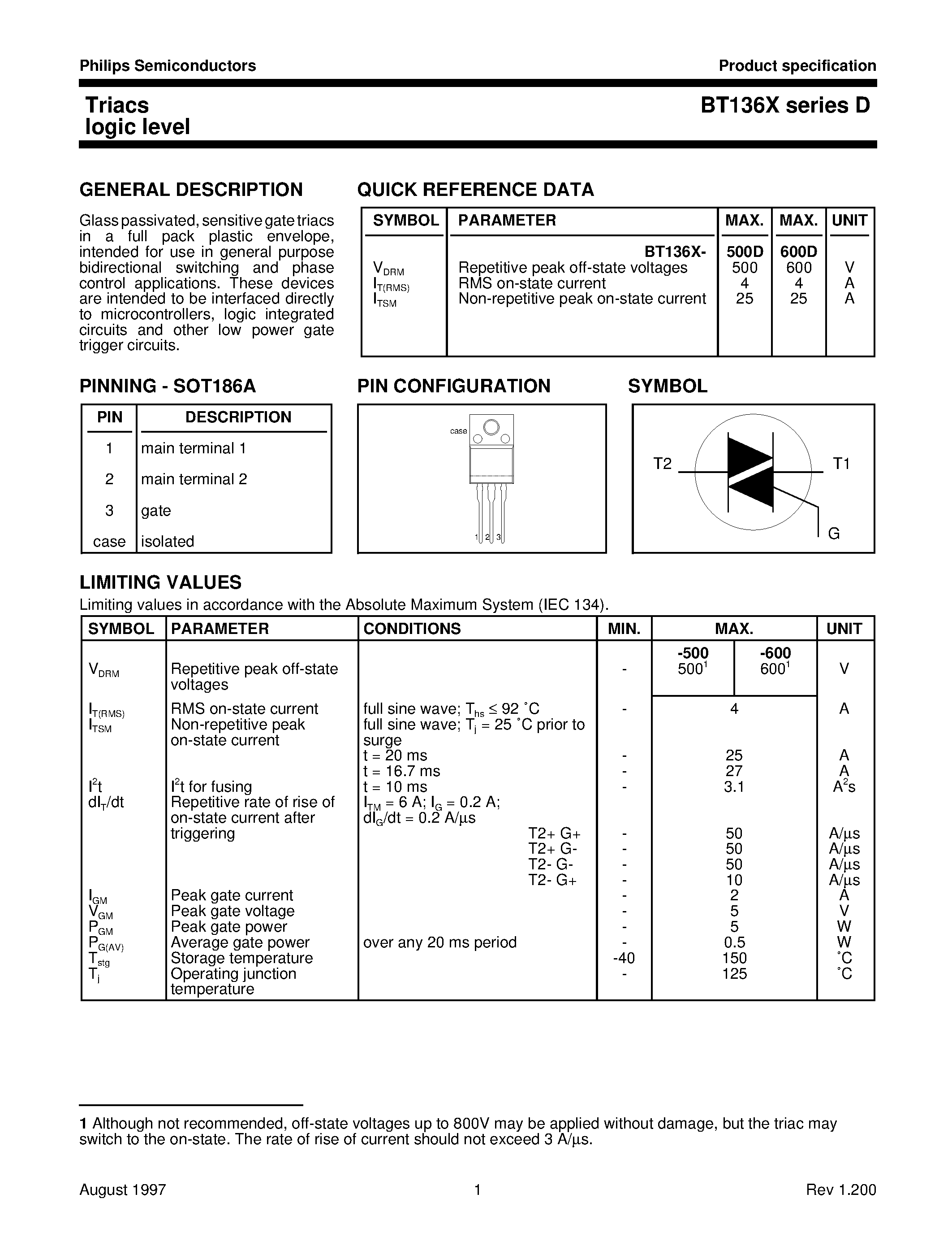 Datasheet BT136X-600D - Triacs logic level page 1