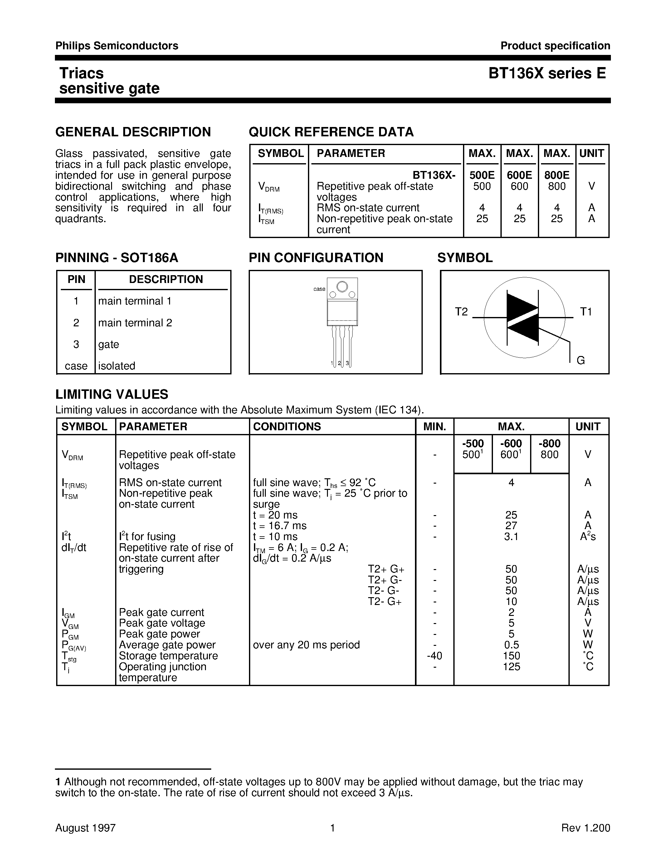 Datasheet BT136X-800E - Triacs sensitive gate page 1
