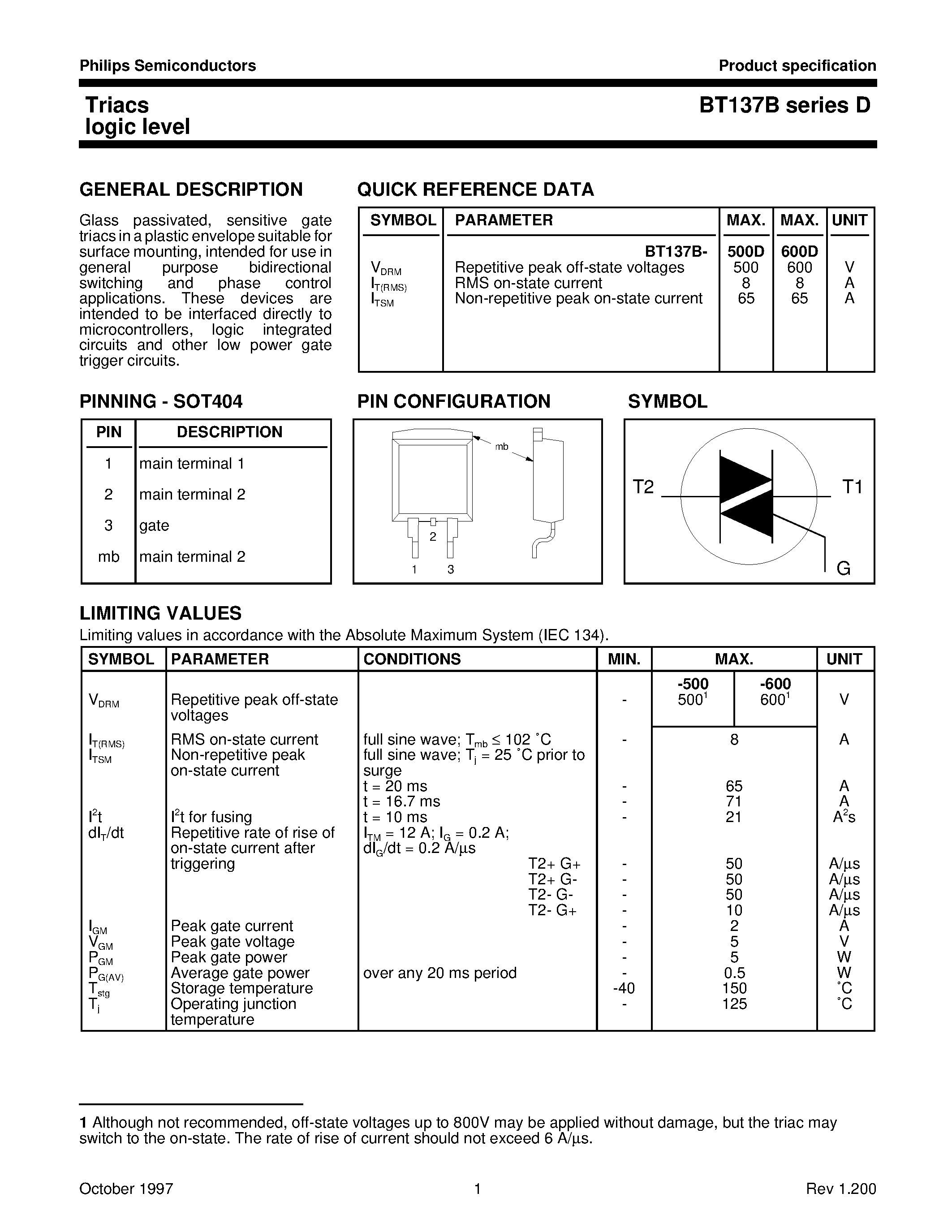 Datasheet BT137B-500D - Triacs logic level page 1