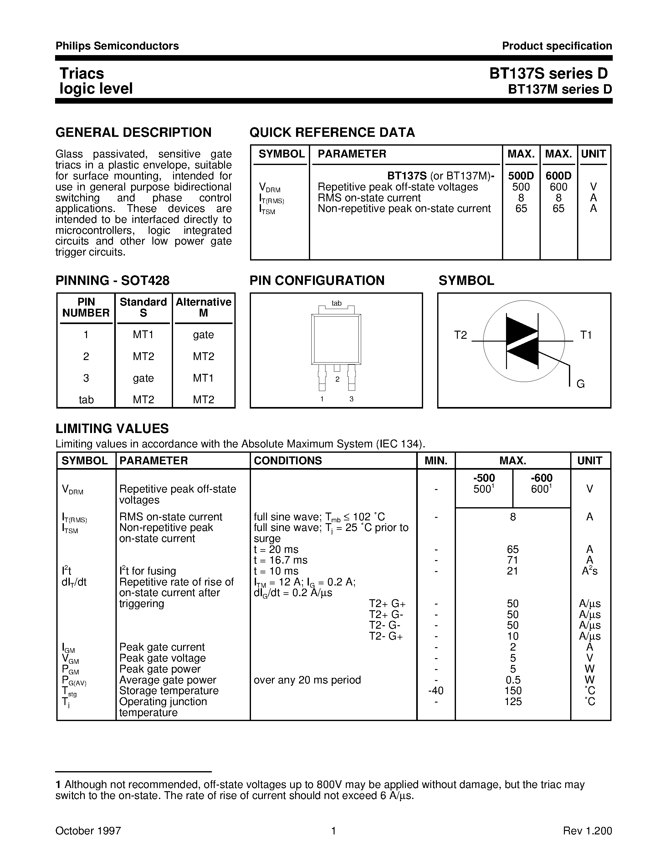 Datasheet BT137M-500D - Triacs logic level page 1