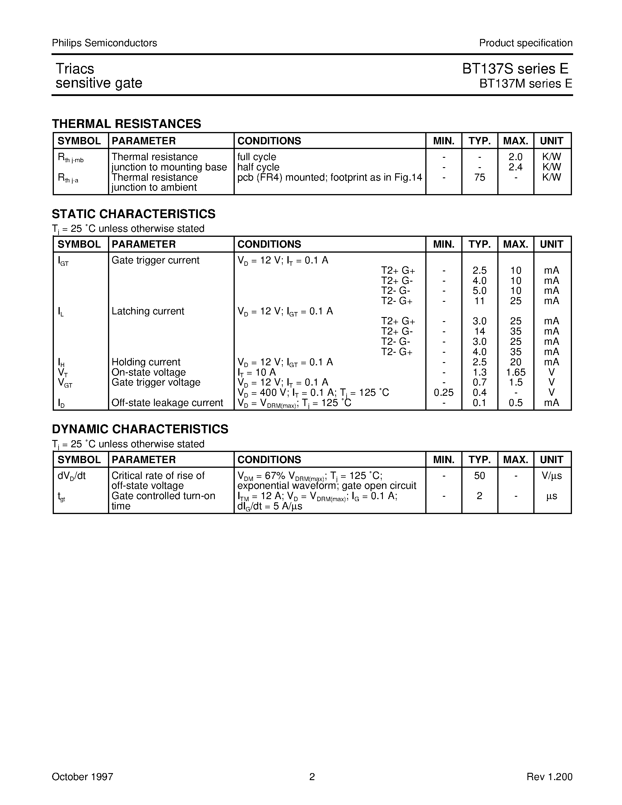 Datasheet BT137M-800E - Triacs sensitive gate page 2