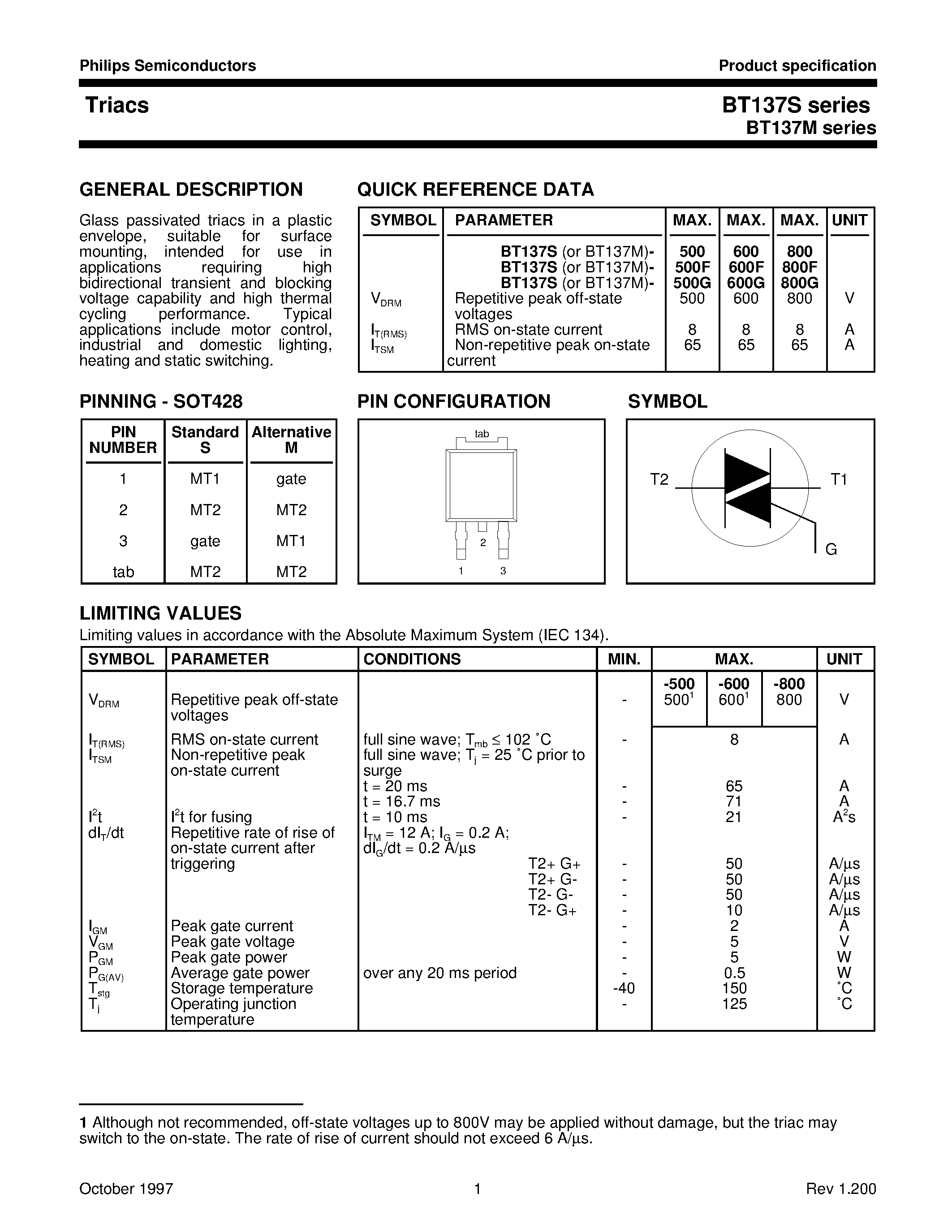 Datasheet BT137S-500 - Triacs page 1