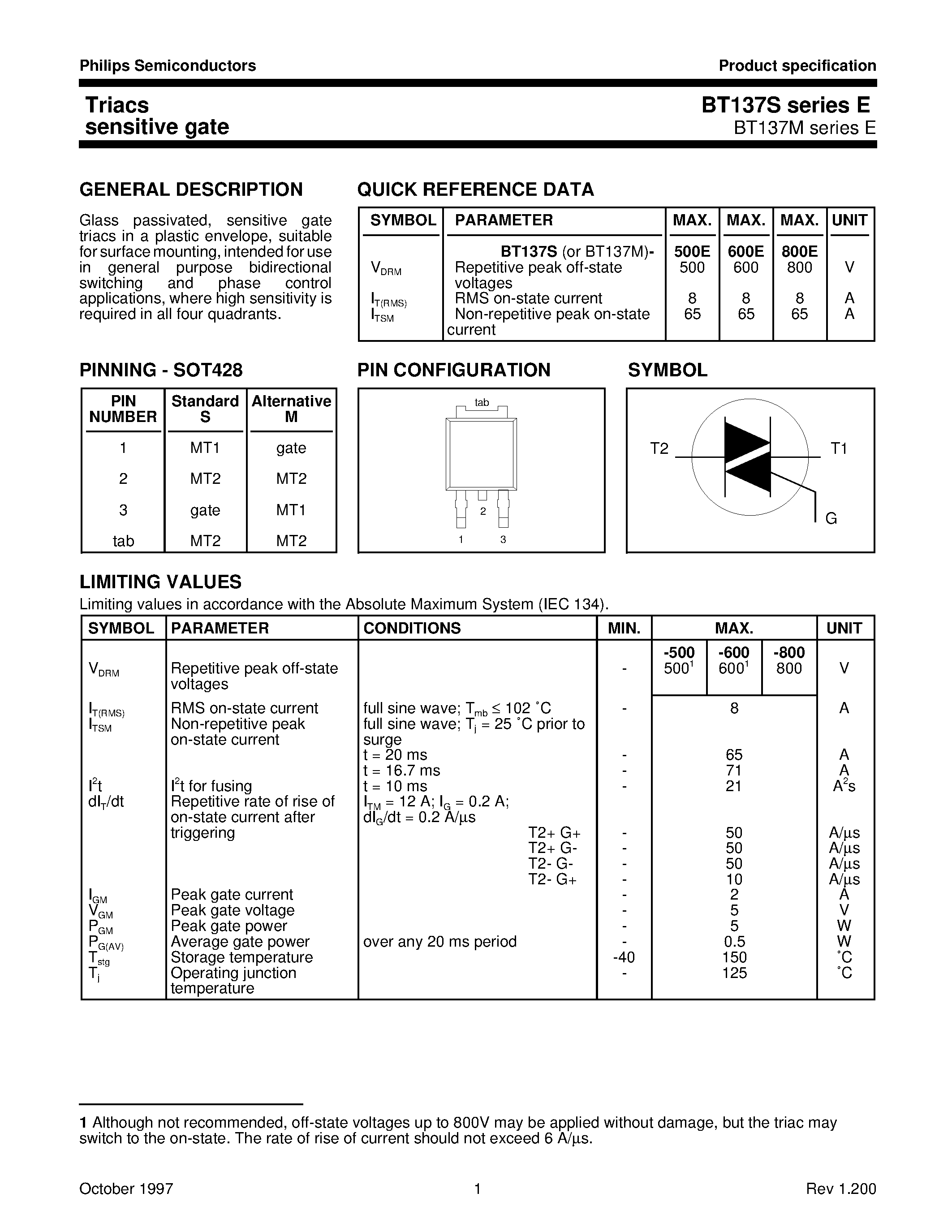 Datasheet BT137S-800E - Triacs sensitive gate page 1